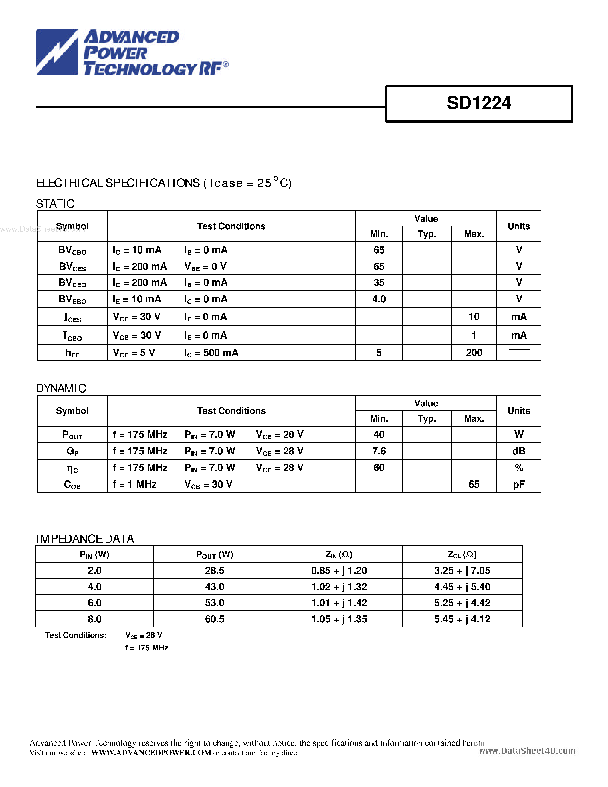 Datasheet SD1224 - RF AND MICROWAVE TRANSISTORS page 2