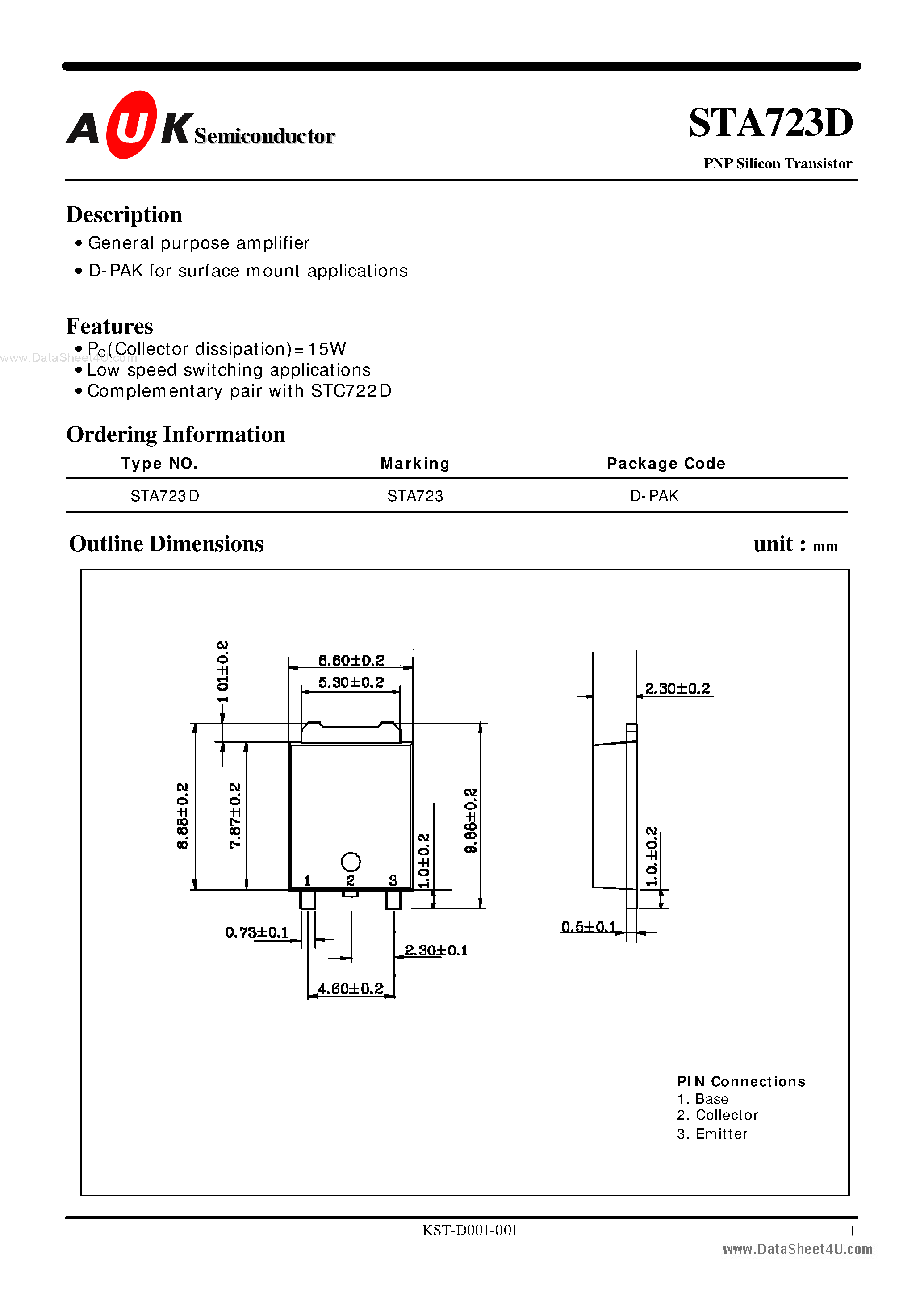 Даташит STA723D - PNP Silicon Transistor страница 1