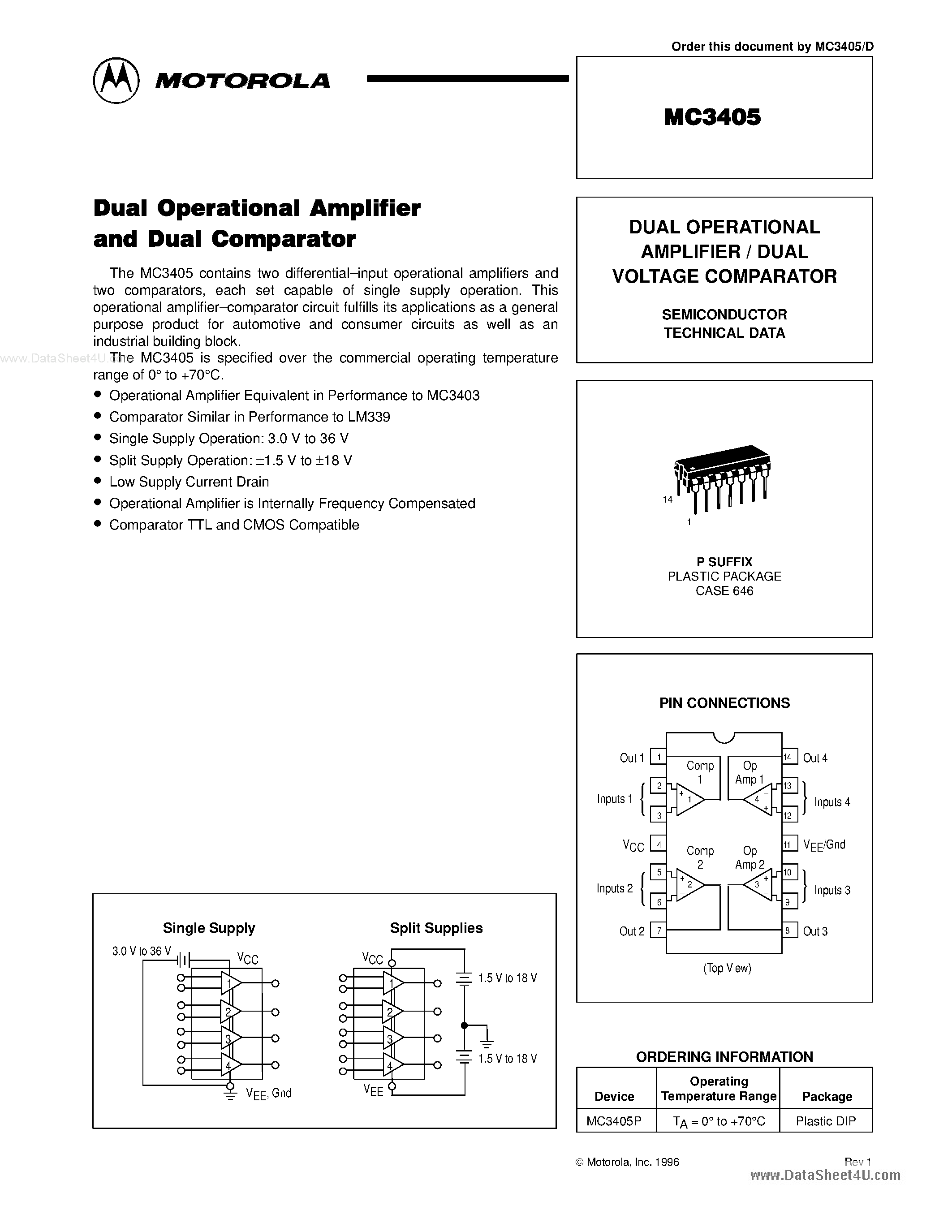 Datasheet MC3405 - DUAL OPERATIONAL AMPLIFIER / DUAL VOLTAGE COMPARATOR page 1