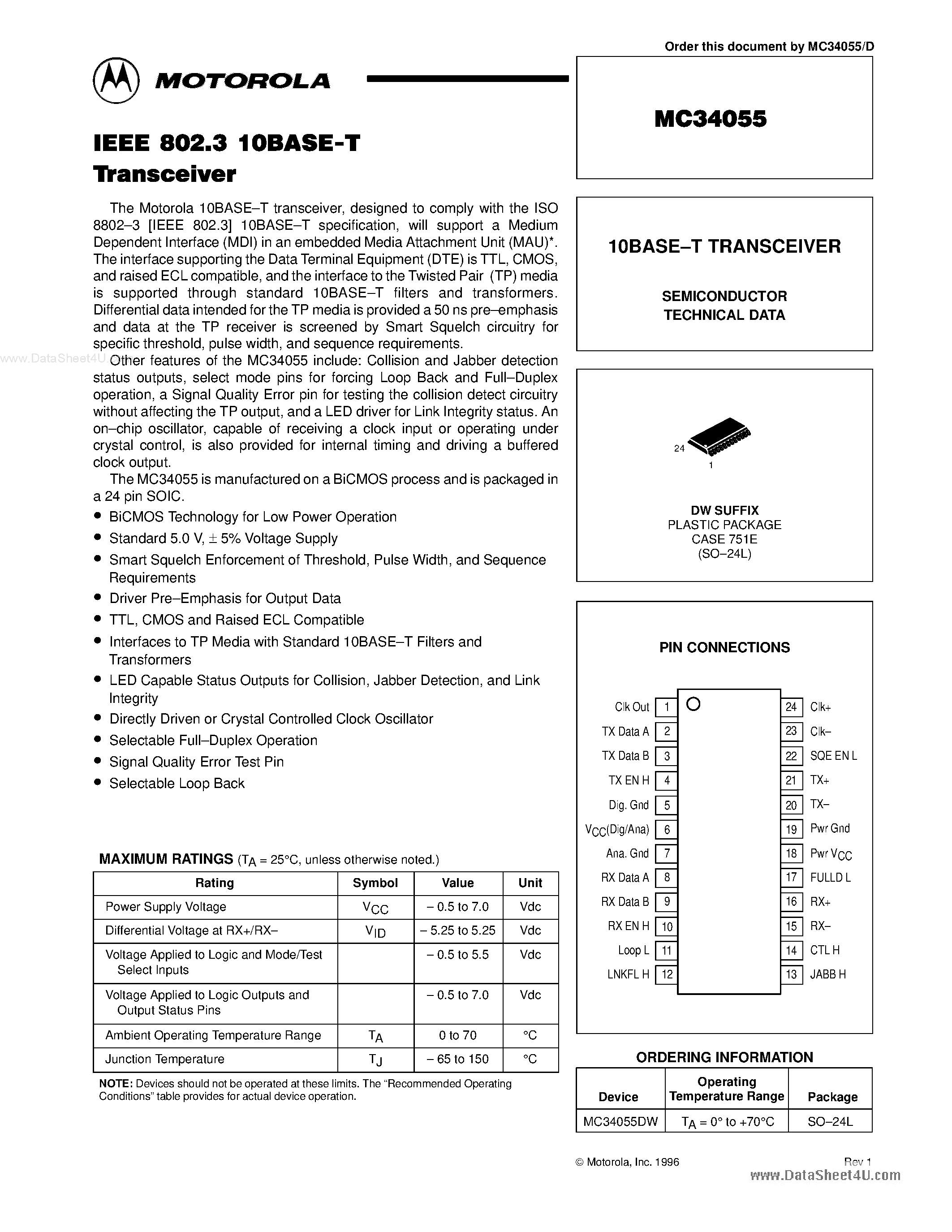 Datasheet MC34055 - IEEE 802.3 10BASE-T TRANSCEIVER page 1