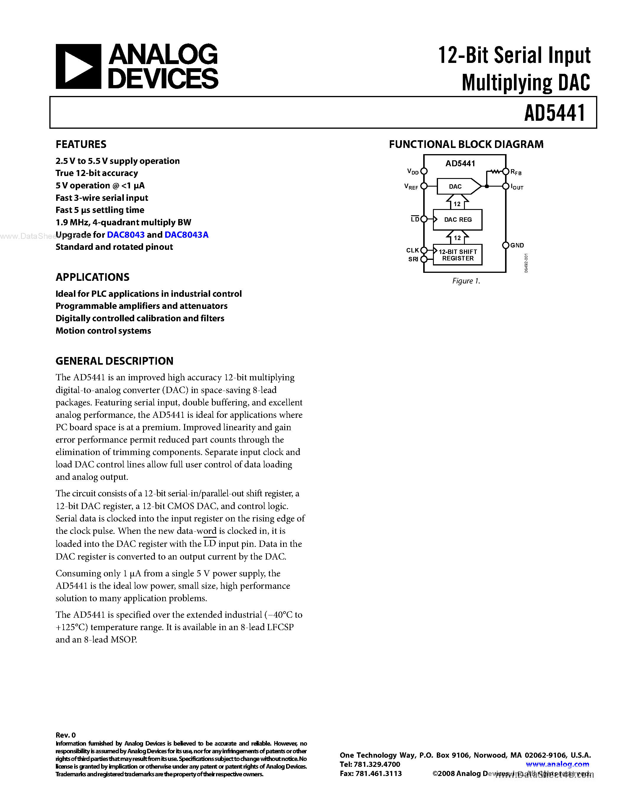 Datasheet AD5441 - 12-Bit Serial Input Multiplying DAC page 1