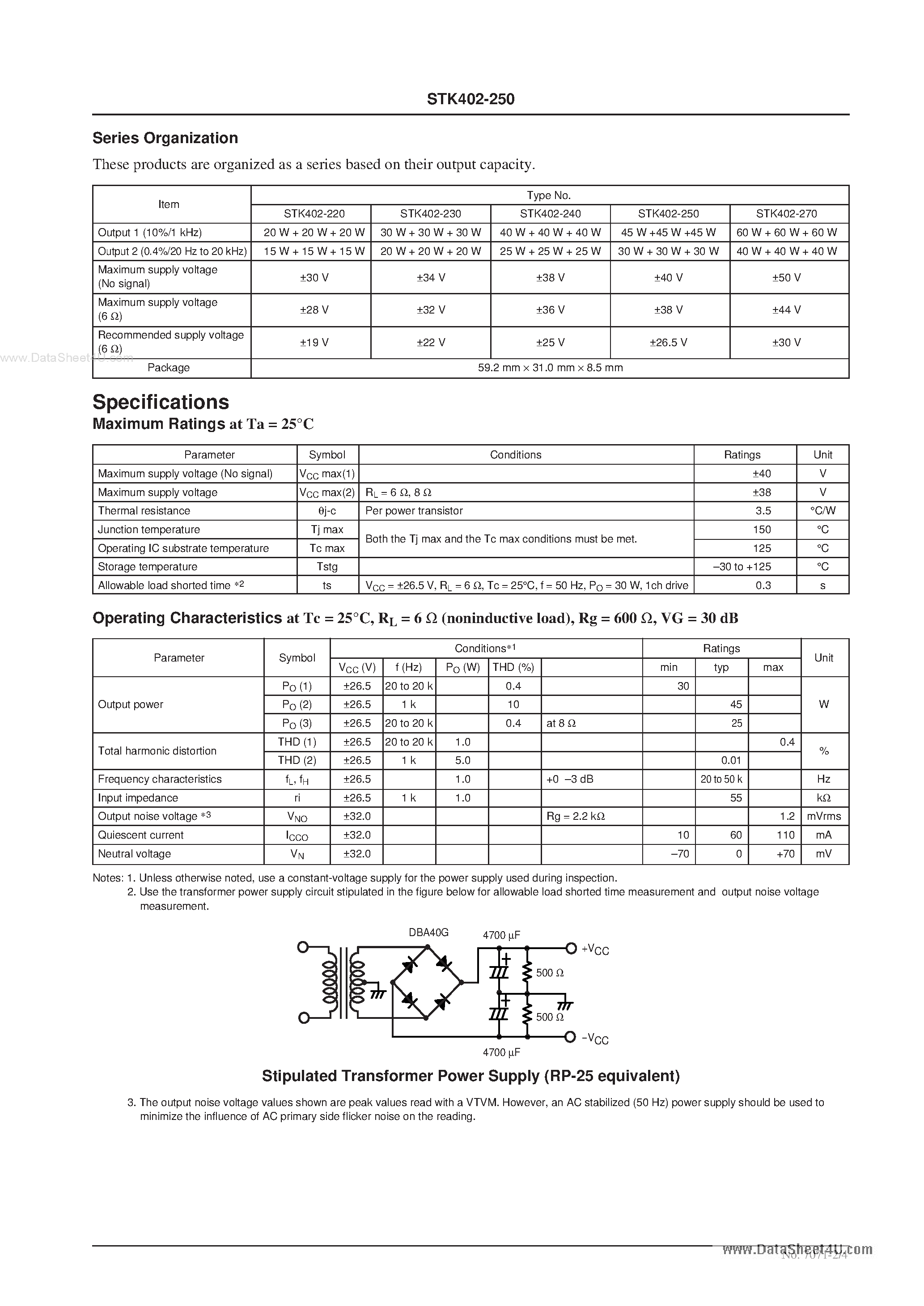 Datasheet STK402-250 - Three-Channel Class AB Audio Power Amplifier IC page 2