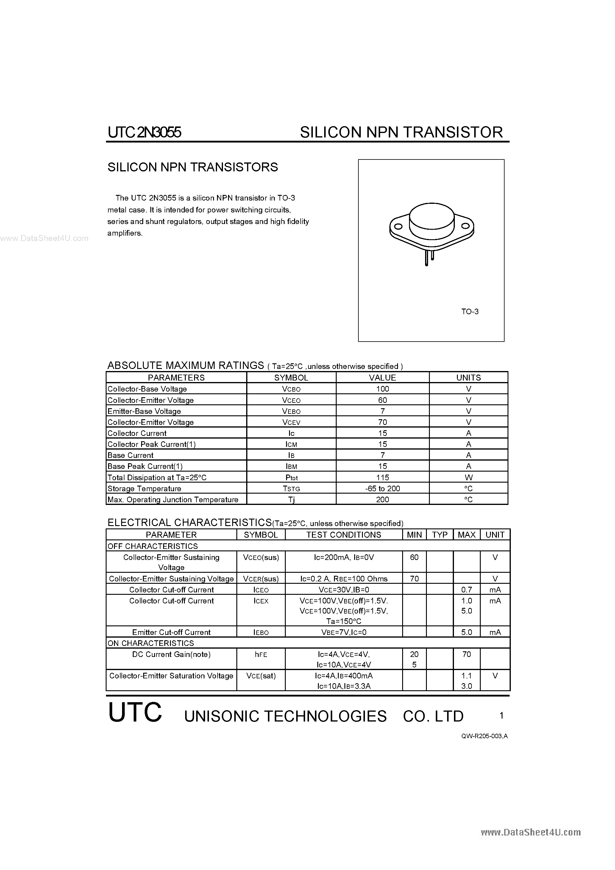 Даташит 2N3055 - SILICON NPN TRANSISTORS страница 1