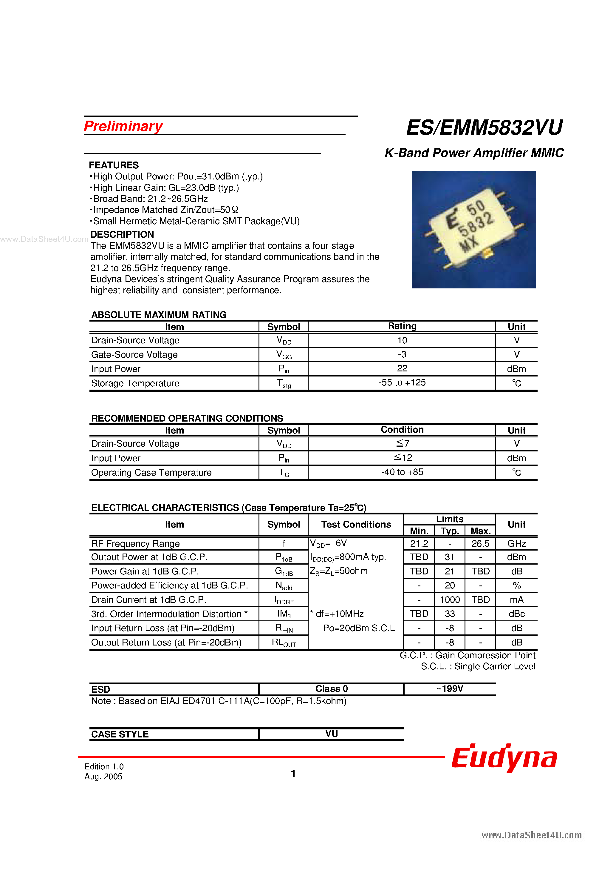 Даташит ESM5832VU - K-Band Power Amplifier MMIC страница 1