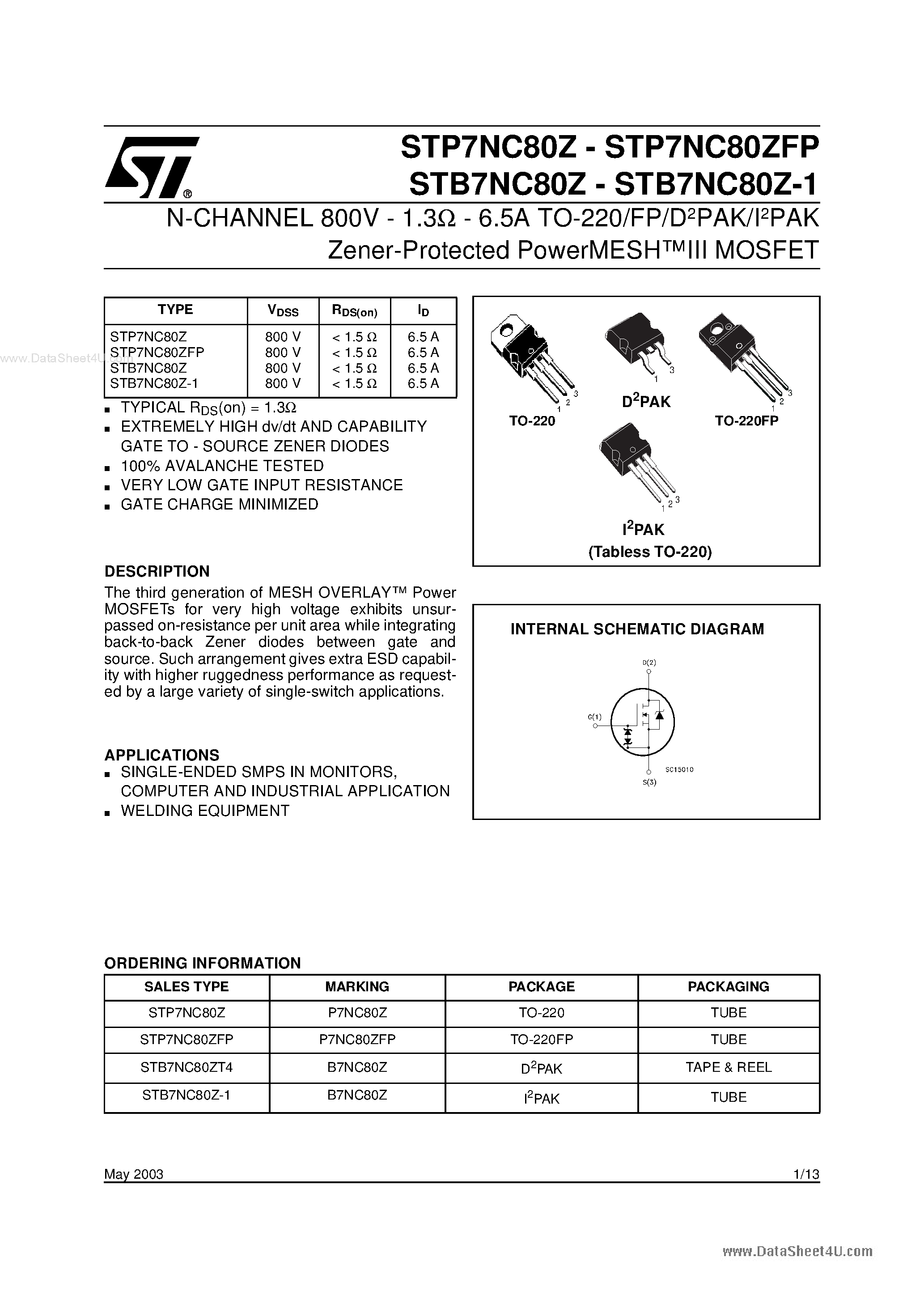 Даташит 7NC80ZFP - Search -----> STP7NC80ZFP страница 1