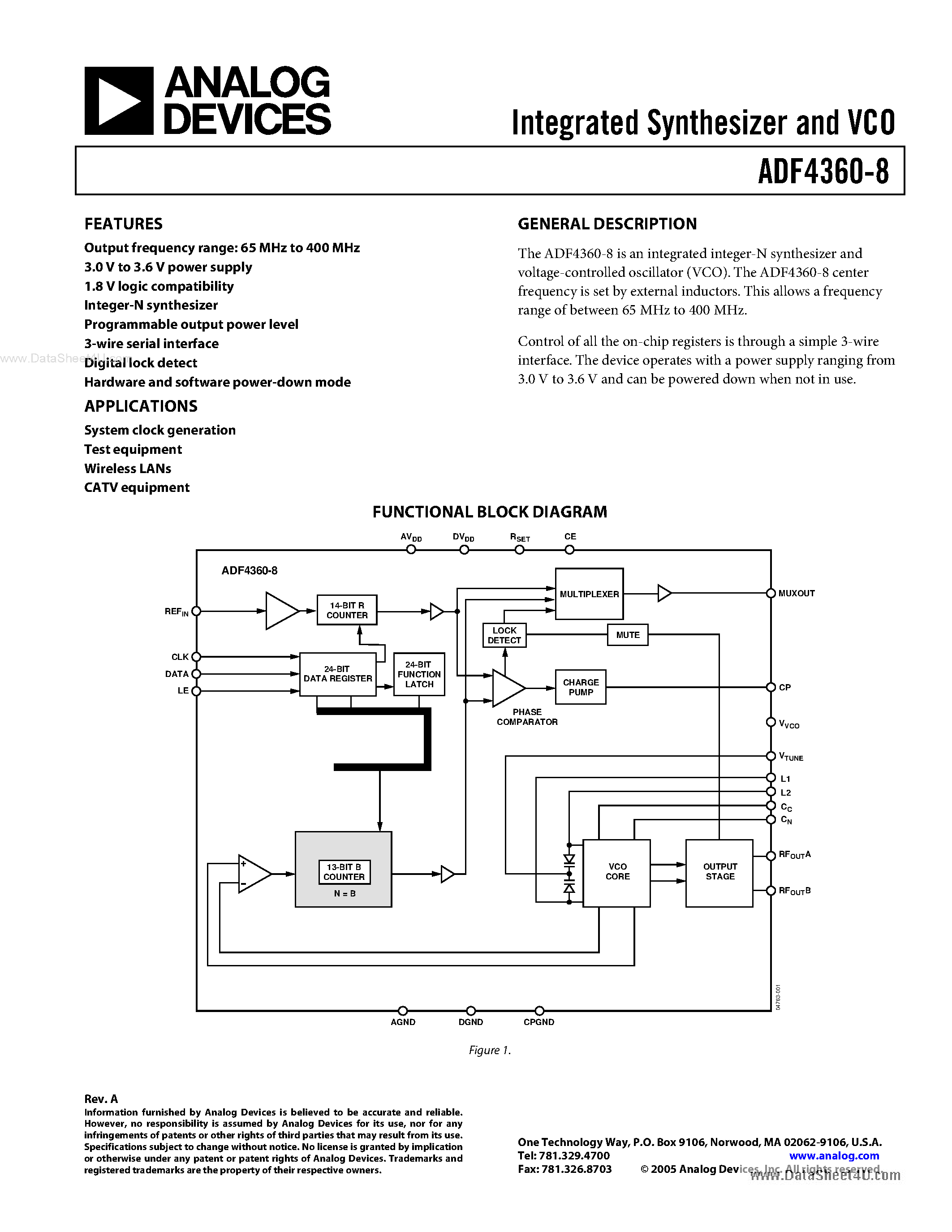 Datasheet AD4360-8 - Integrated Synthesizer and VCO page 1