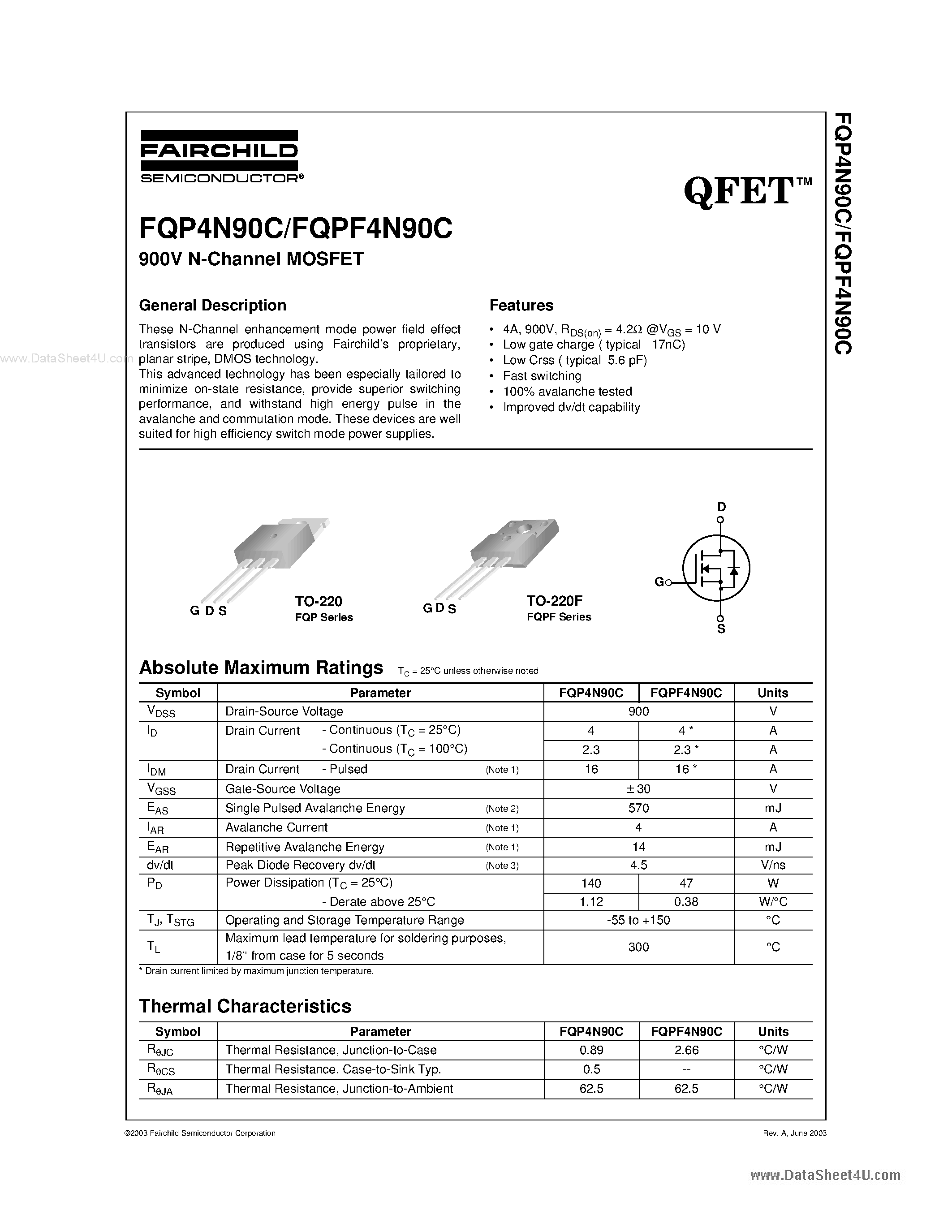 Datasheet FQP4N90C - 900V N-Channel MOSFET page 1