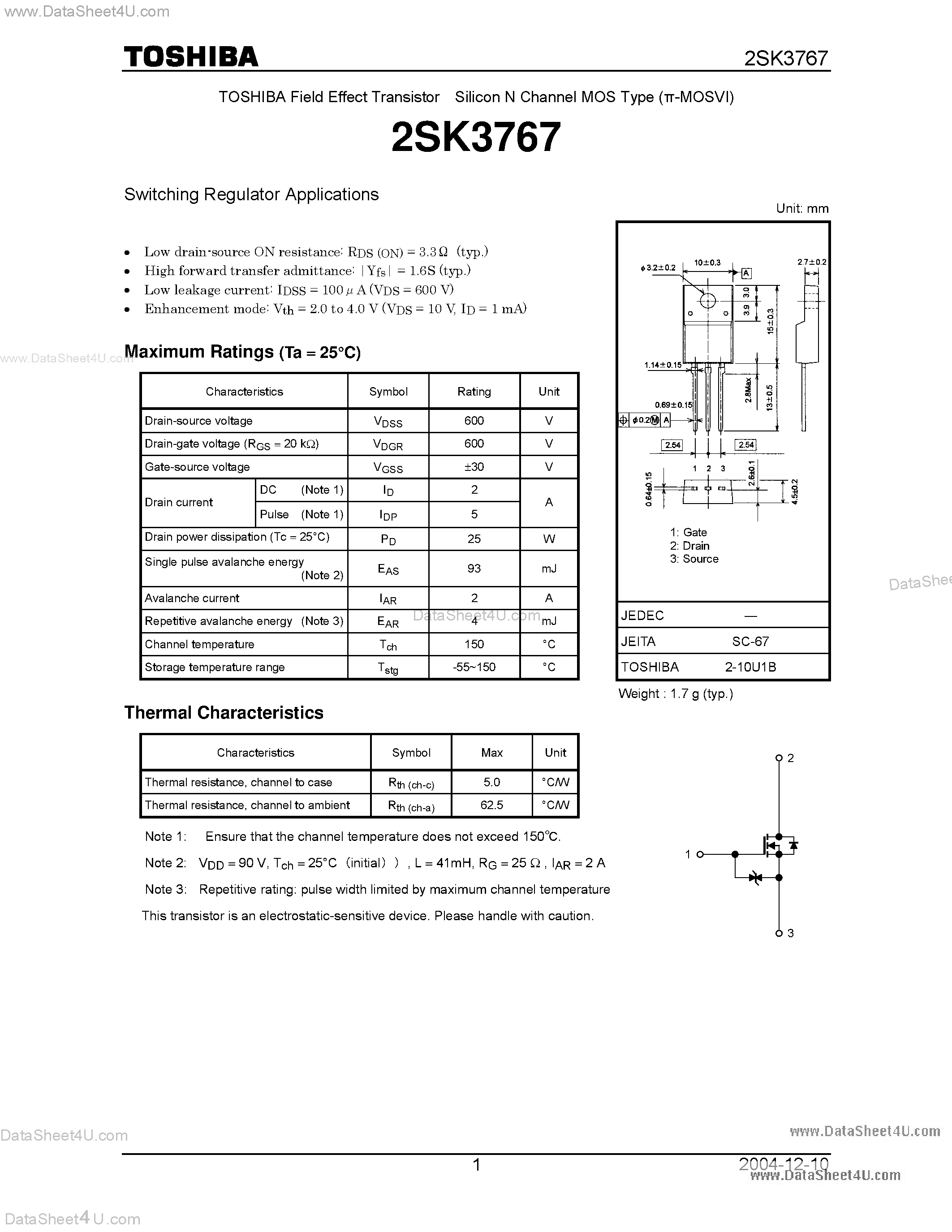 Datasheet K3767 - Search -----> 2SK3767 page 1