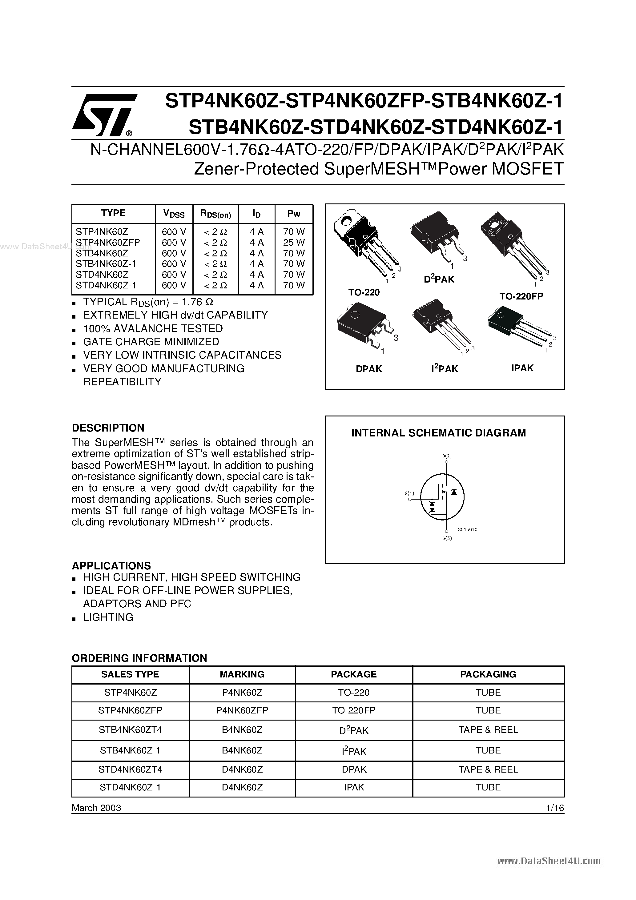 Даташит 4NK60ZFP - Search -----> STP4NK60ZFP страница 1