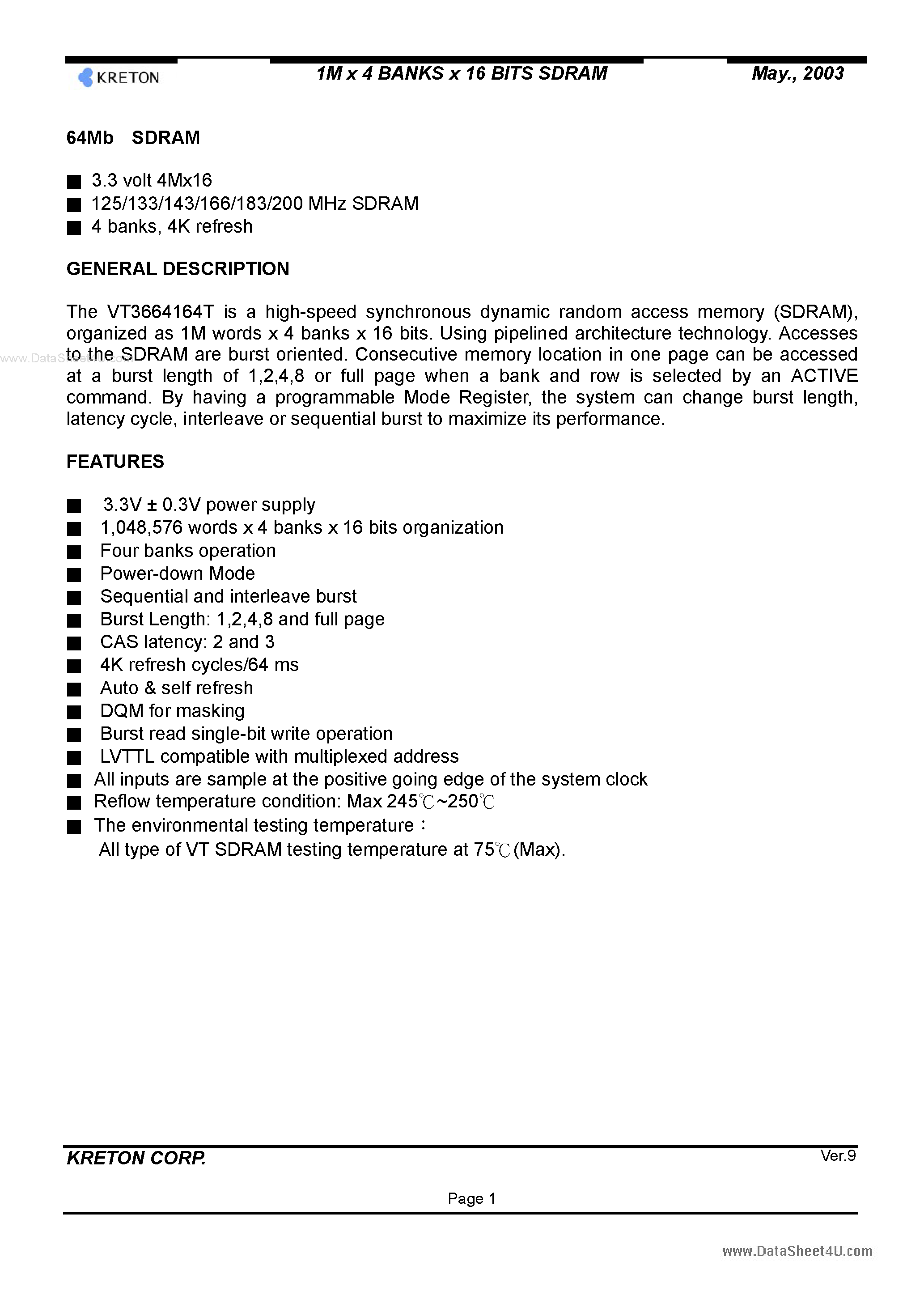 Datasheet VT3664164T - 1M X 4 Banks X 16-Bit SDRAM page 1