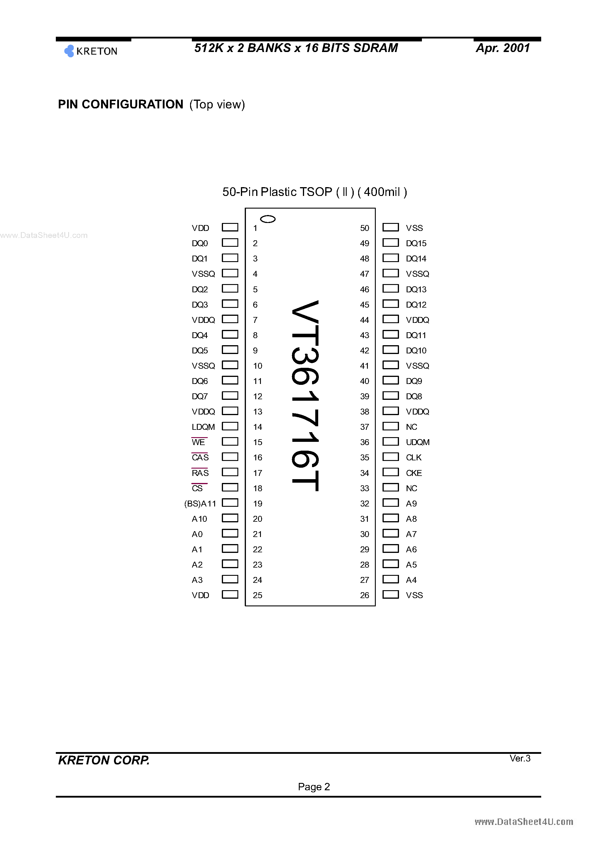 Даташит VT361716 - 512K X 2 BANKS X 16 BITS SDRAM страница 2