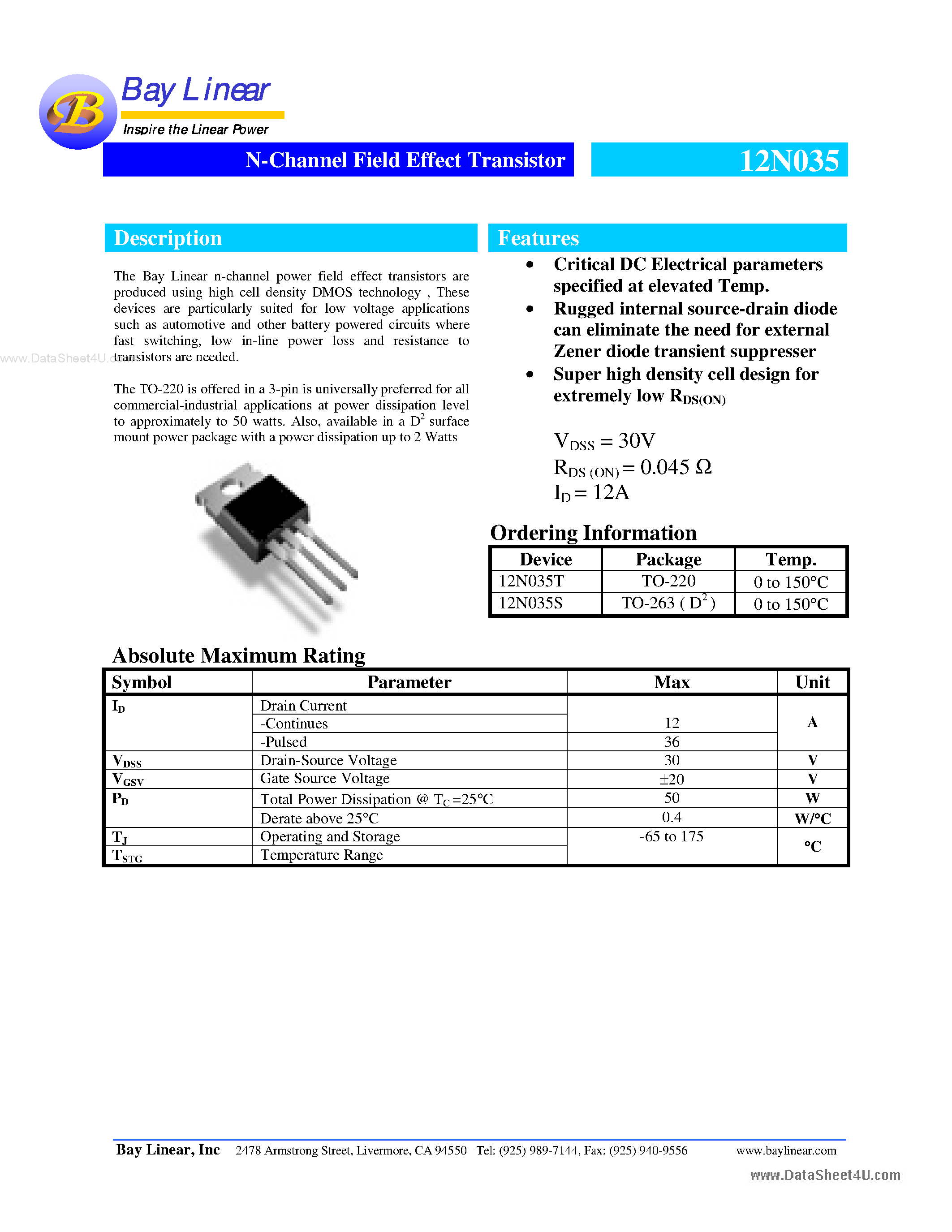 Даташит 12N035 - N-Channel Field Effect Transistor страница 1