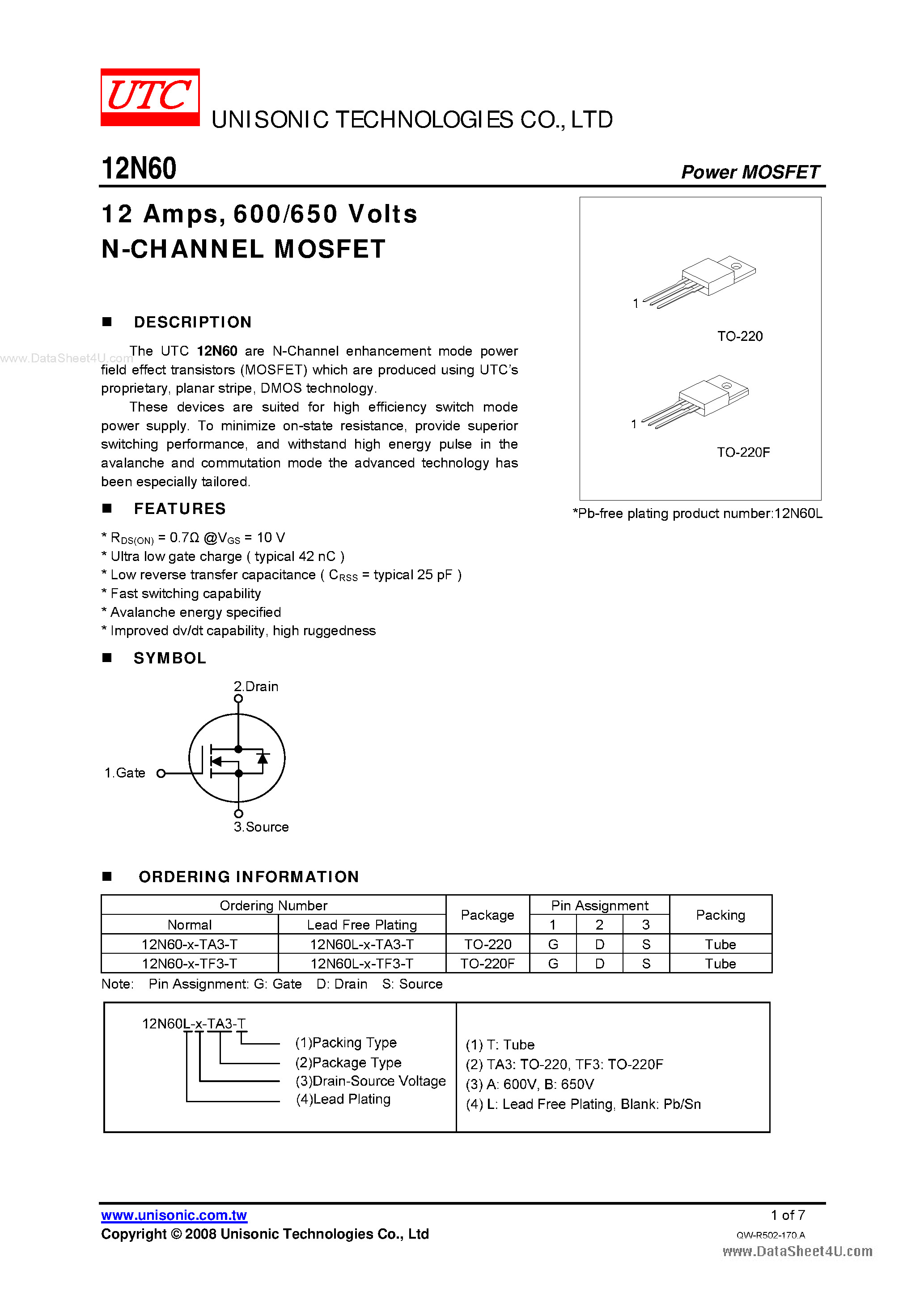 Даташит 12N60 - 600/650 Volts N-CHANNEL MOSFET страница 1