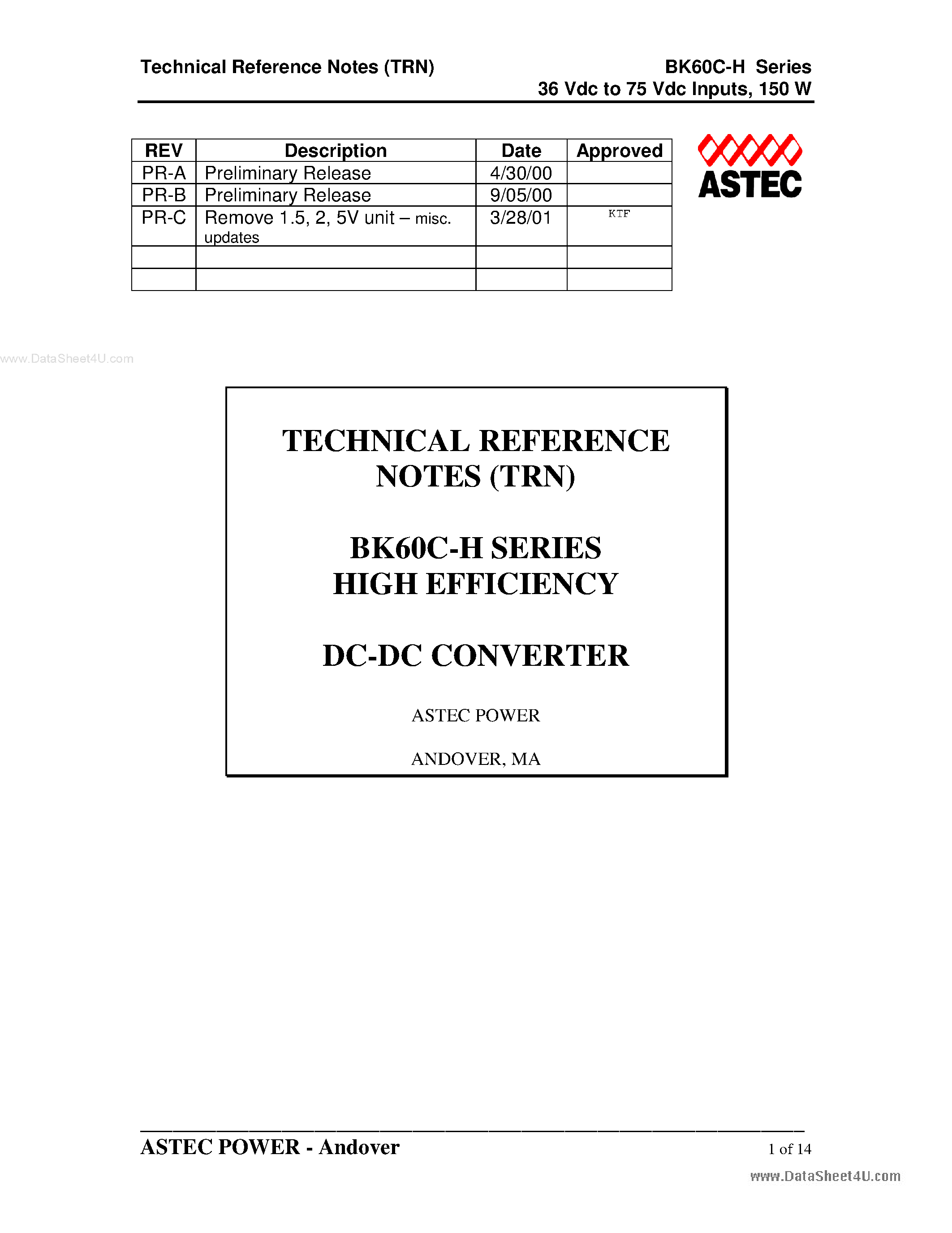 Даташит BK60C-H - 36 Vdc to 75 Vdc Inputs страница 1