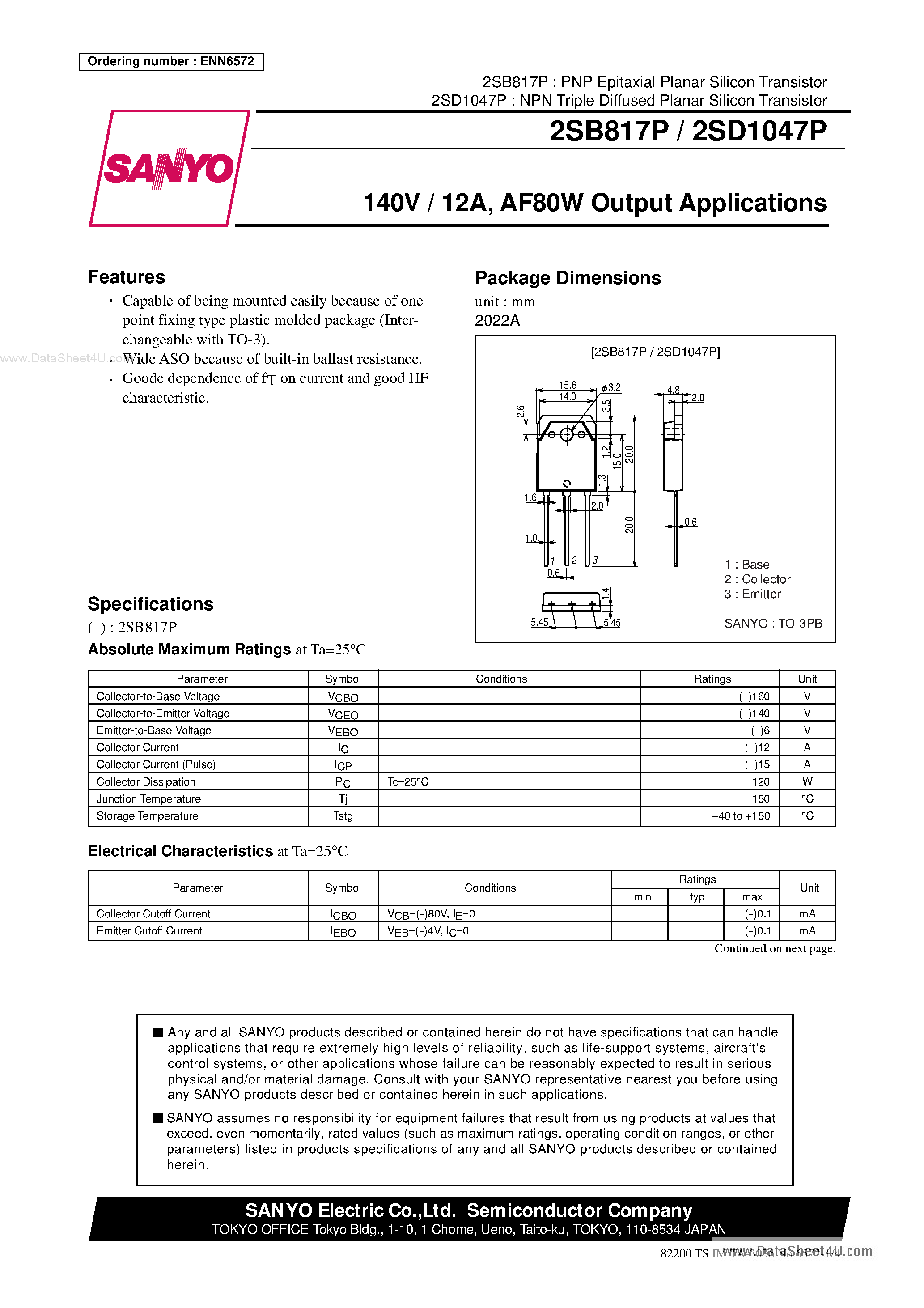 Datasheet 2SD1047P - General-Purpose Amplifier Transistors page 1