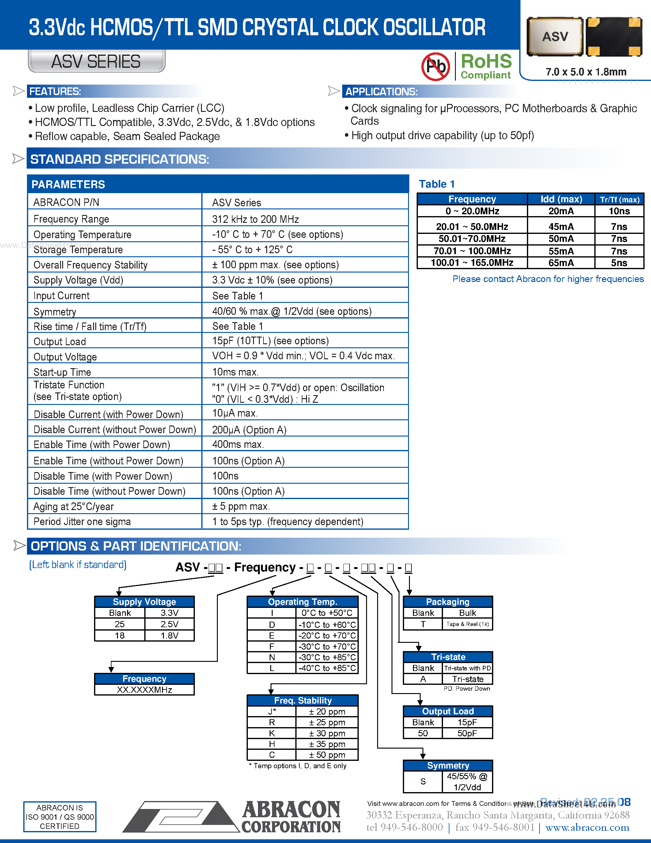 Даташит ASV-18-xx.xxxx-x - 3.3V Dc HCMOS / TTL SMD Crystal Clock Oscillator страница 1