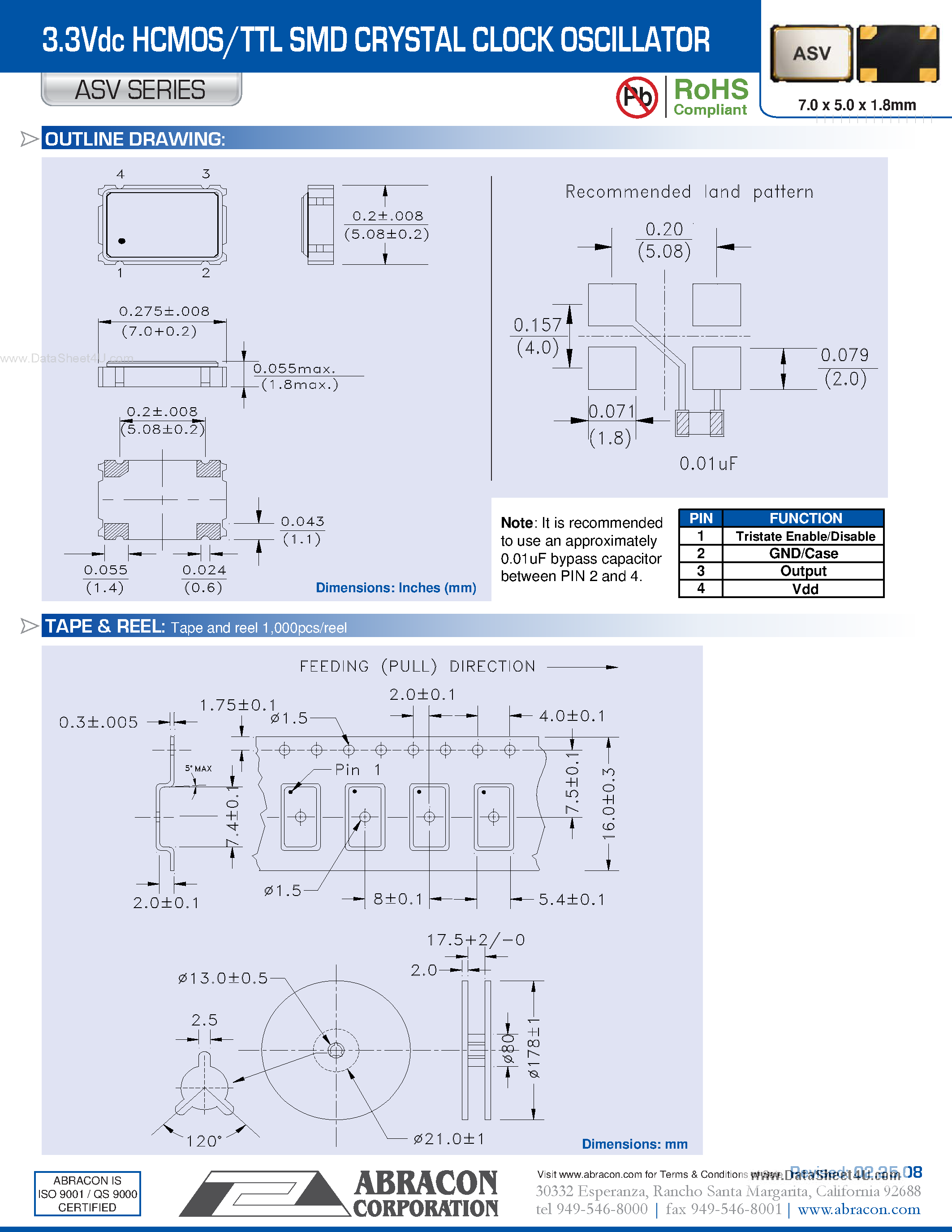 Даташит ASV-18-xx.xxxx-x - 3.3V Dc HCMOS / TTL SMD Crystal Clock Oscillator страница 2