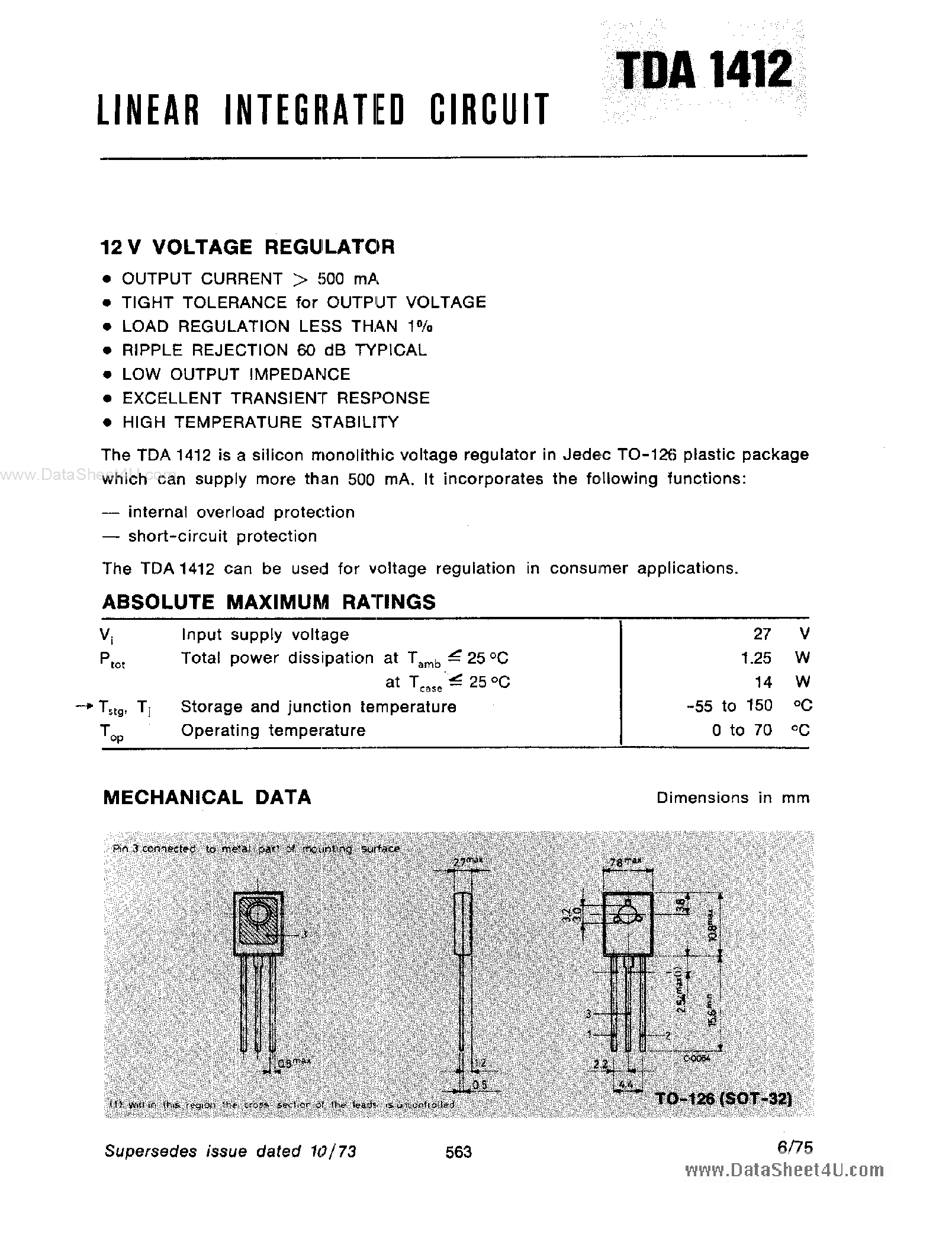 Datasheet TDA1412 - 12V Voltage Regulator page 1