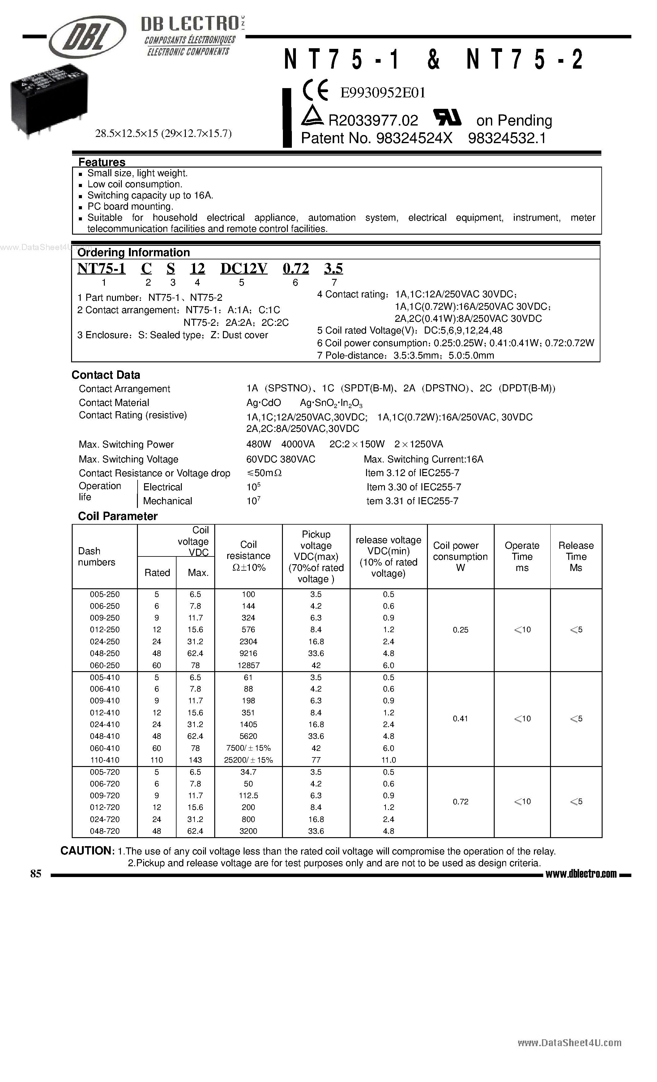 Даташит NT75-1 - (NT75-1 / NT75-2) Low coil consumption страница 1