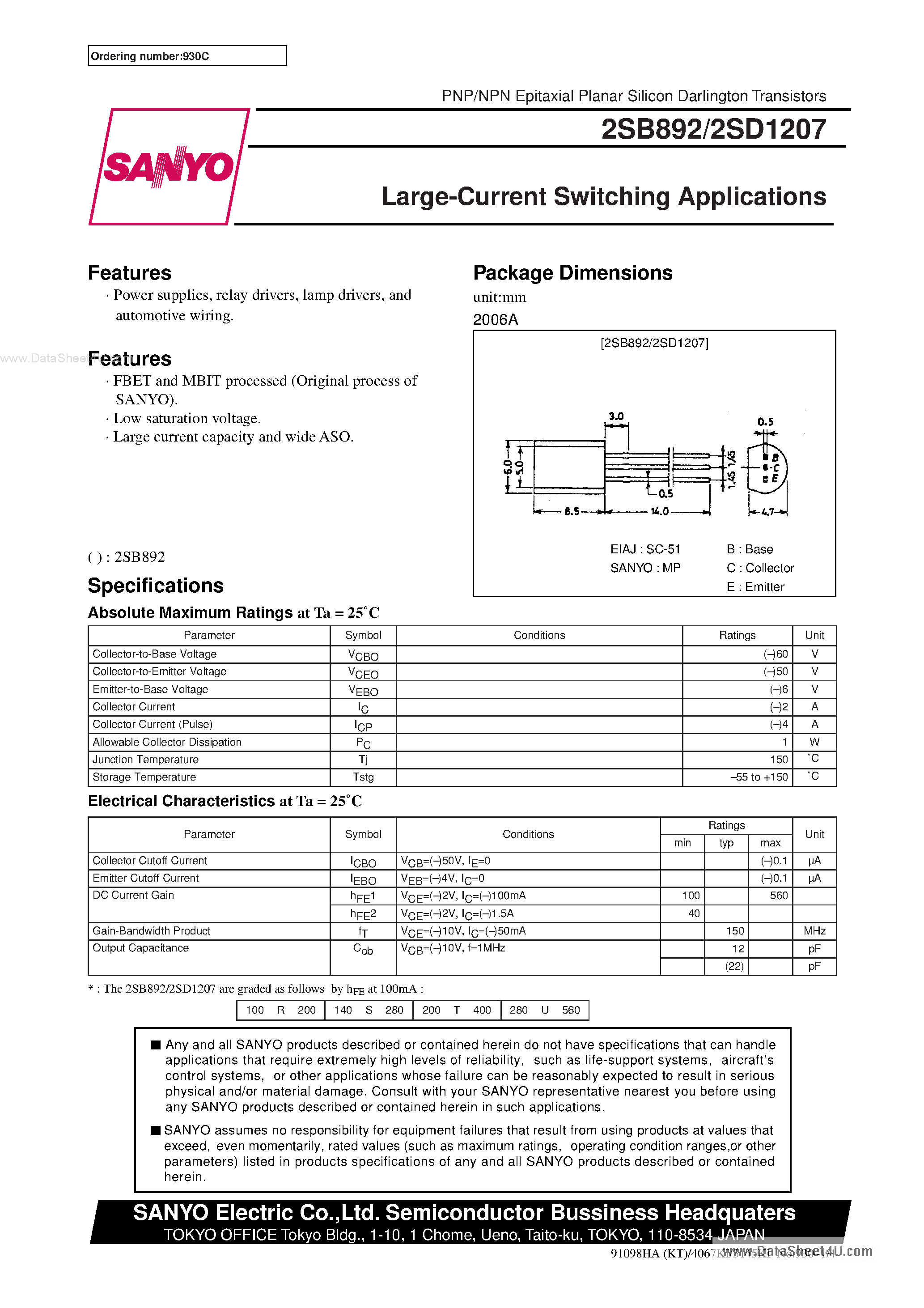 Даташит D1207 - Search -----> 2SD1207 страница 1