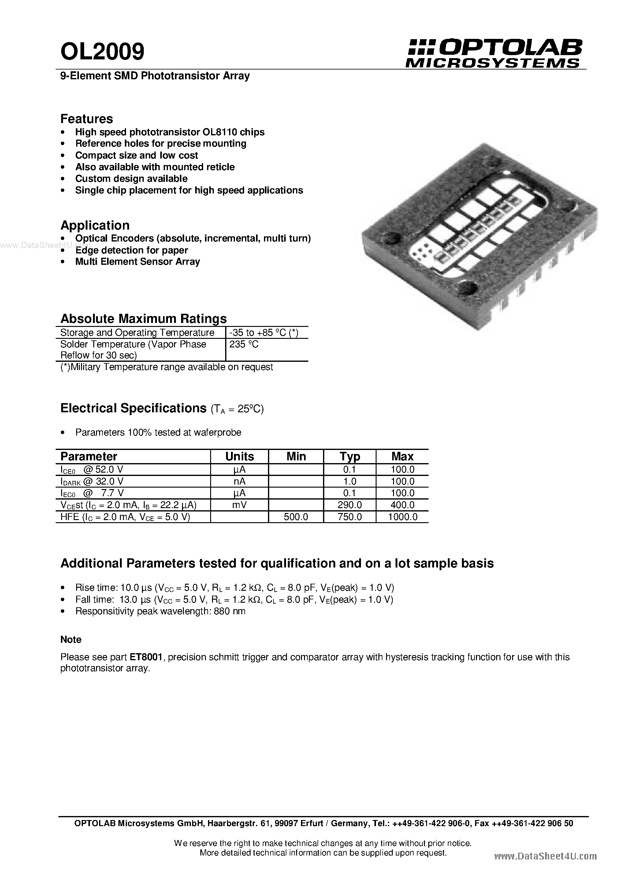 Datasheet OL2009 - 9 Element SMD Phototransistor Array page 1