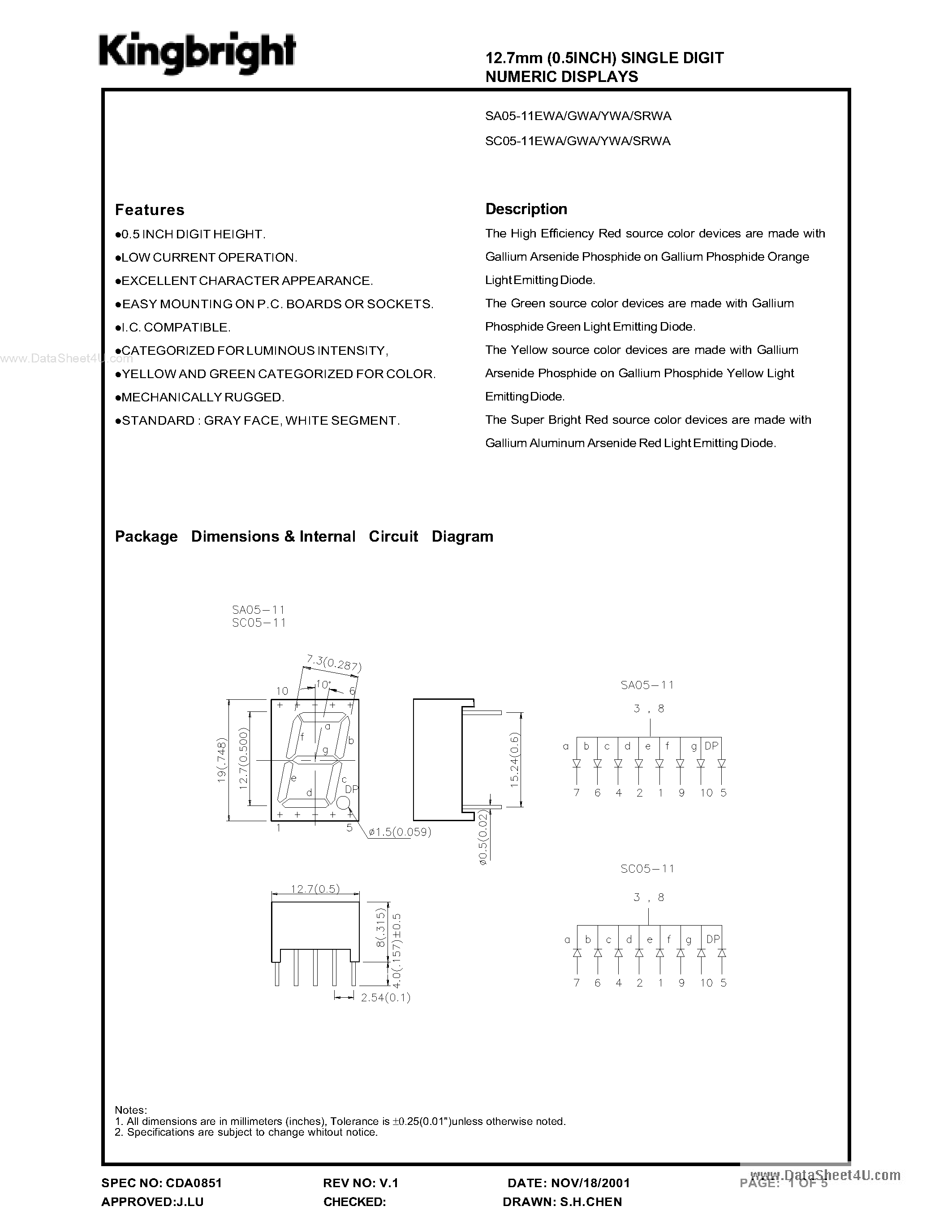 Даташит SA05-11xxWA - 12.7 MM SINGLE DIGIT NUMERIC DISPLAYS страница 1