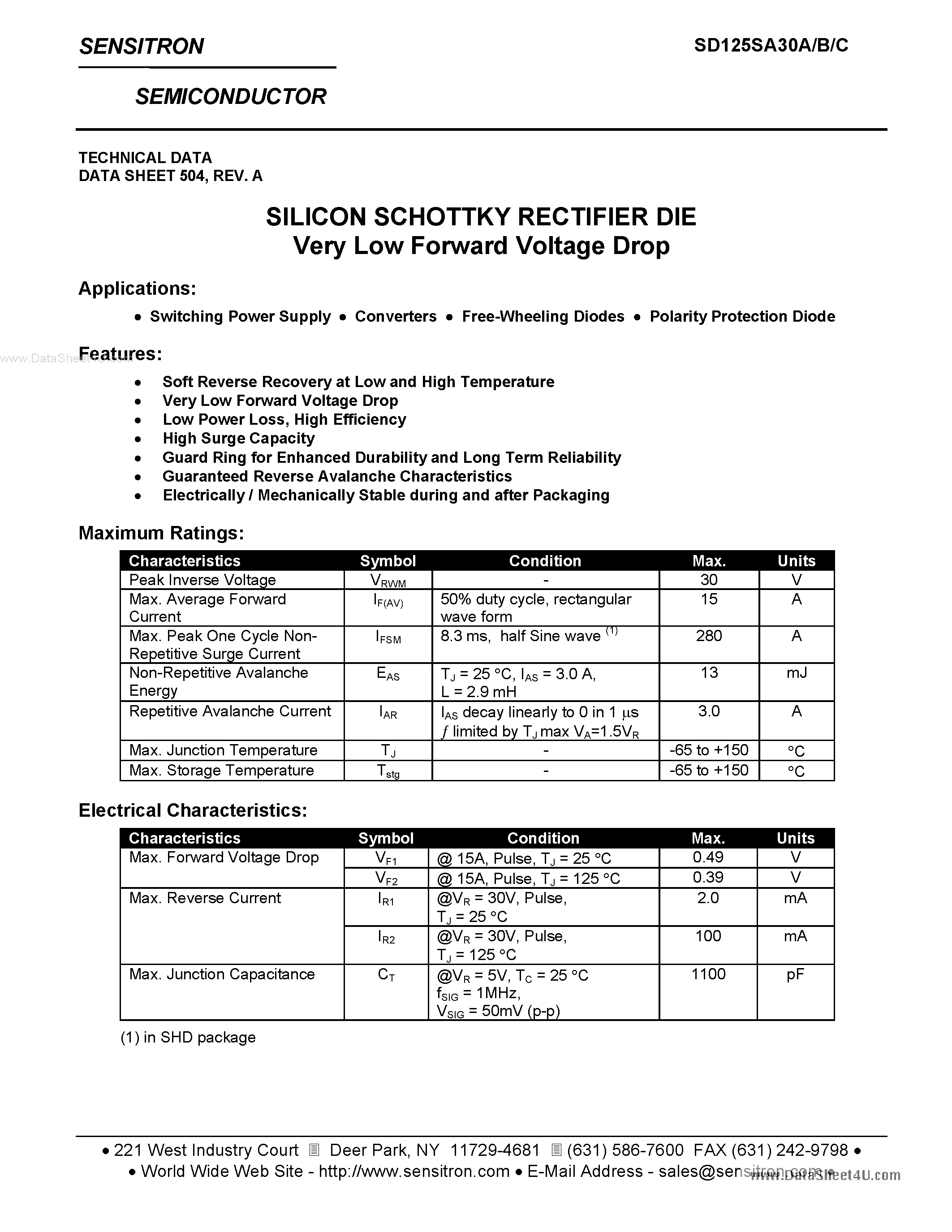 Datasheet SD125SA30A - SILICON SCHOTTKY RECTIFIER DIE page 1