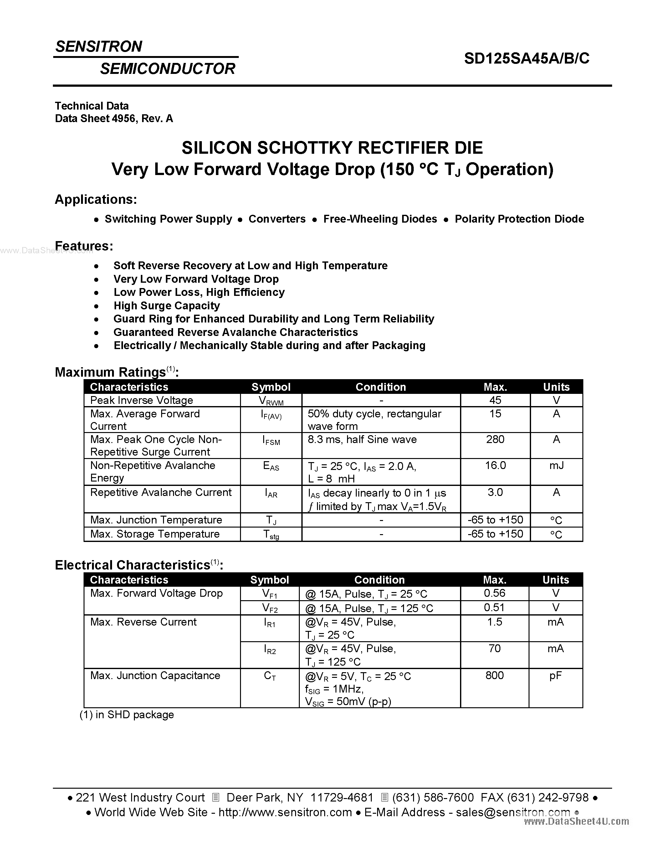 Datasheet SD125SA45A - SILICON SCHOTTKY RECTIFIER DIE page 1