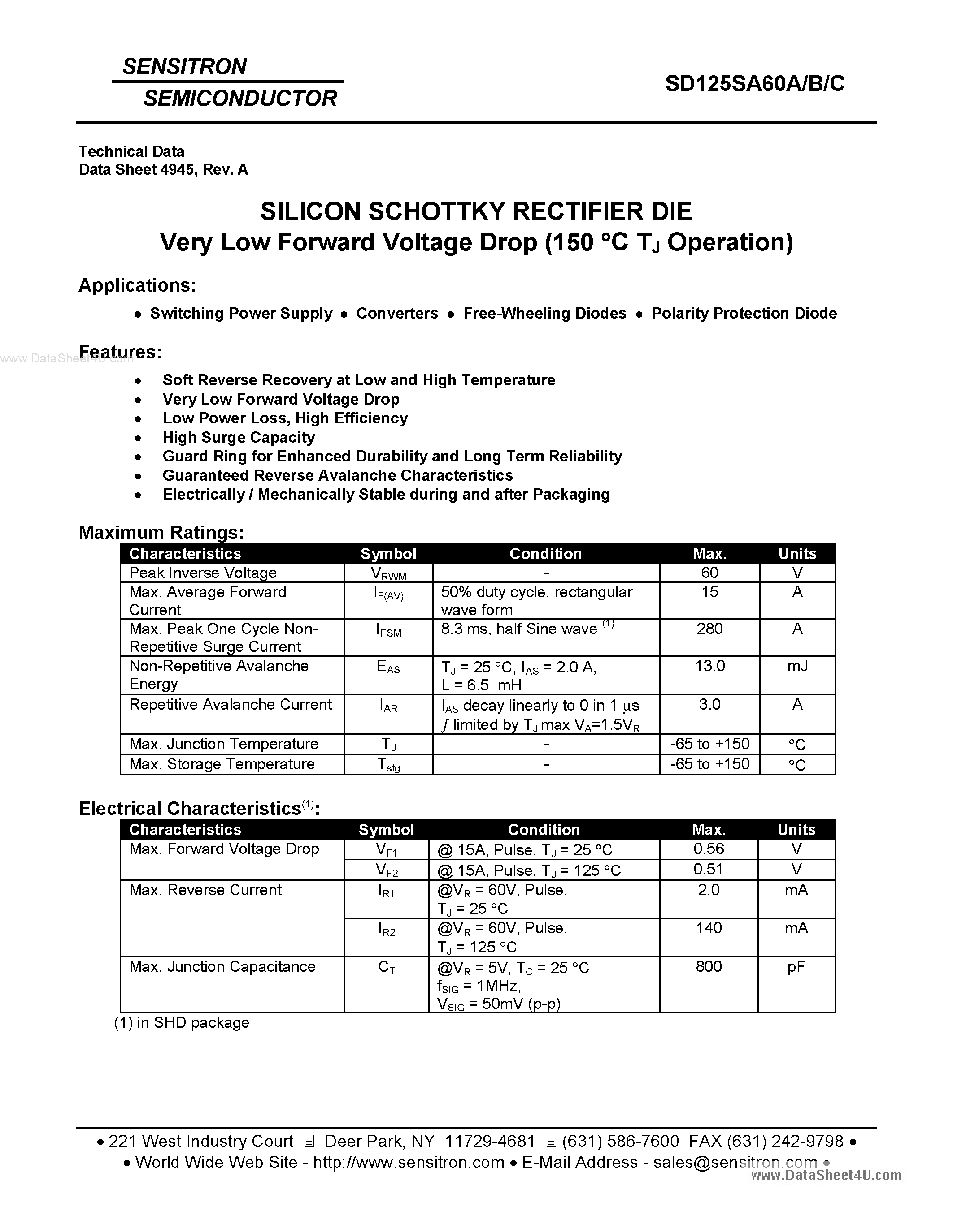 Datasheet SD125SA60A - SILICON SCHOTTKY RECTIFIER DIE page 1