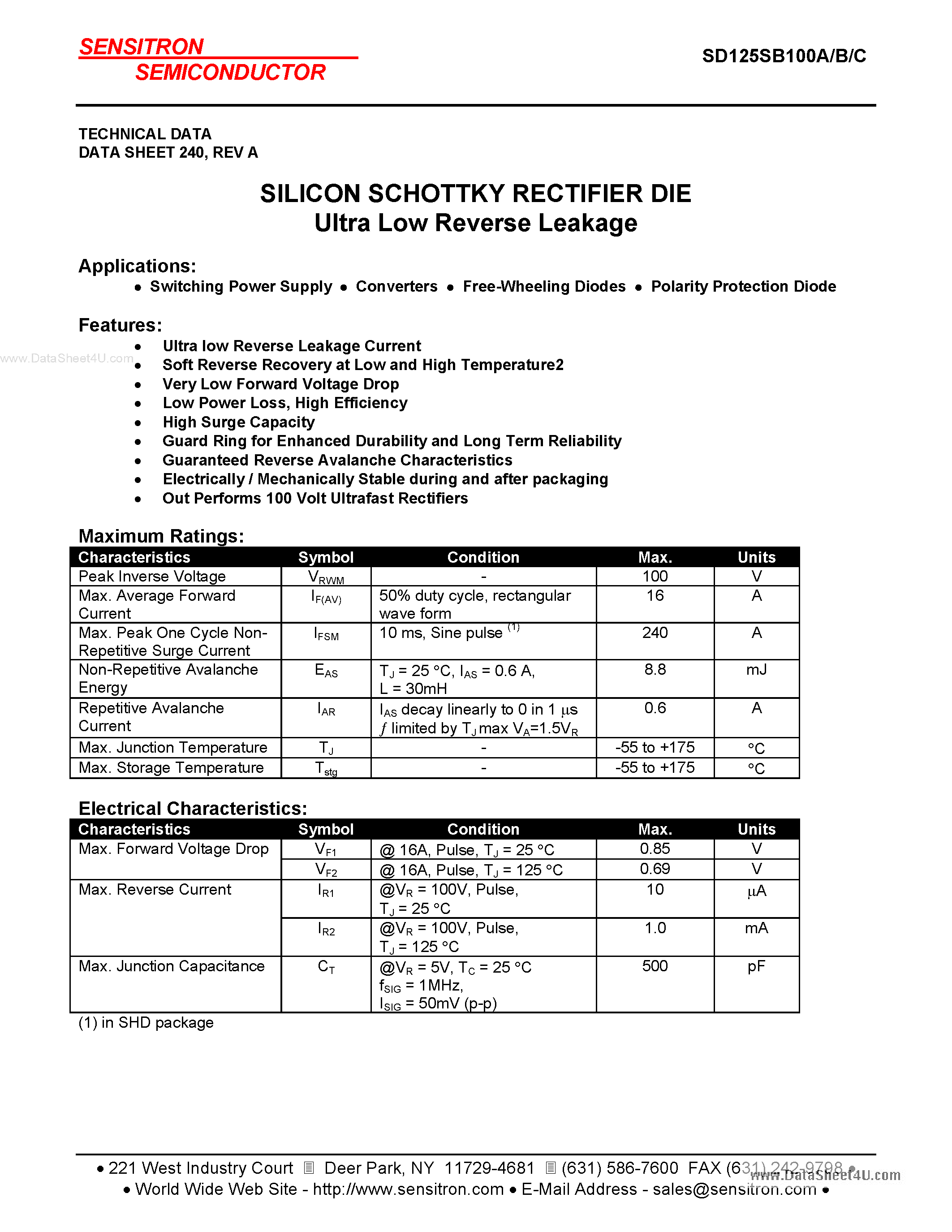 Datasheet SD125SA100A - SILICON SCHOTTKY RECTIFIER DIE page 1