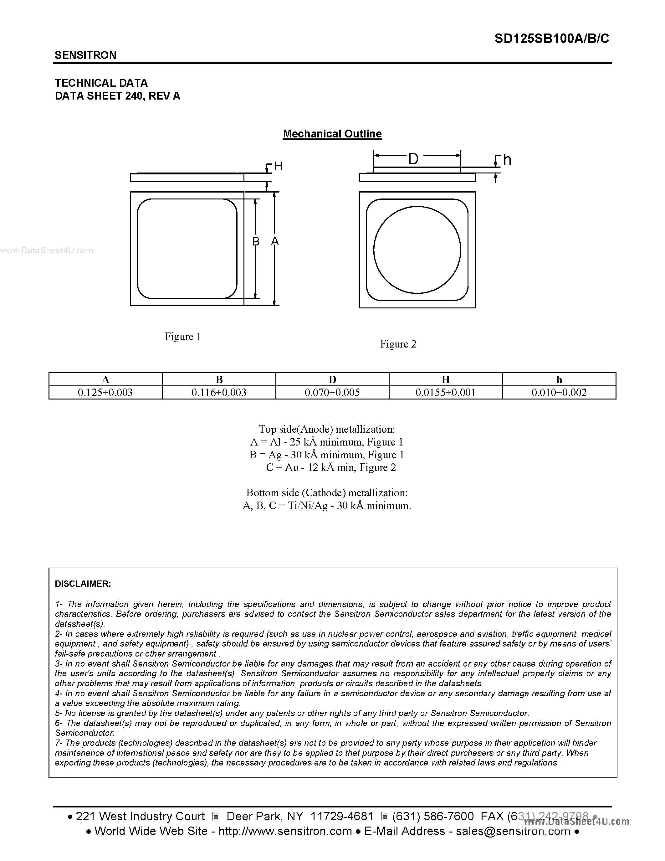 Datasheet SD125SA100A - SILICON SCHOTTKY RECTIFIER DIE page 2