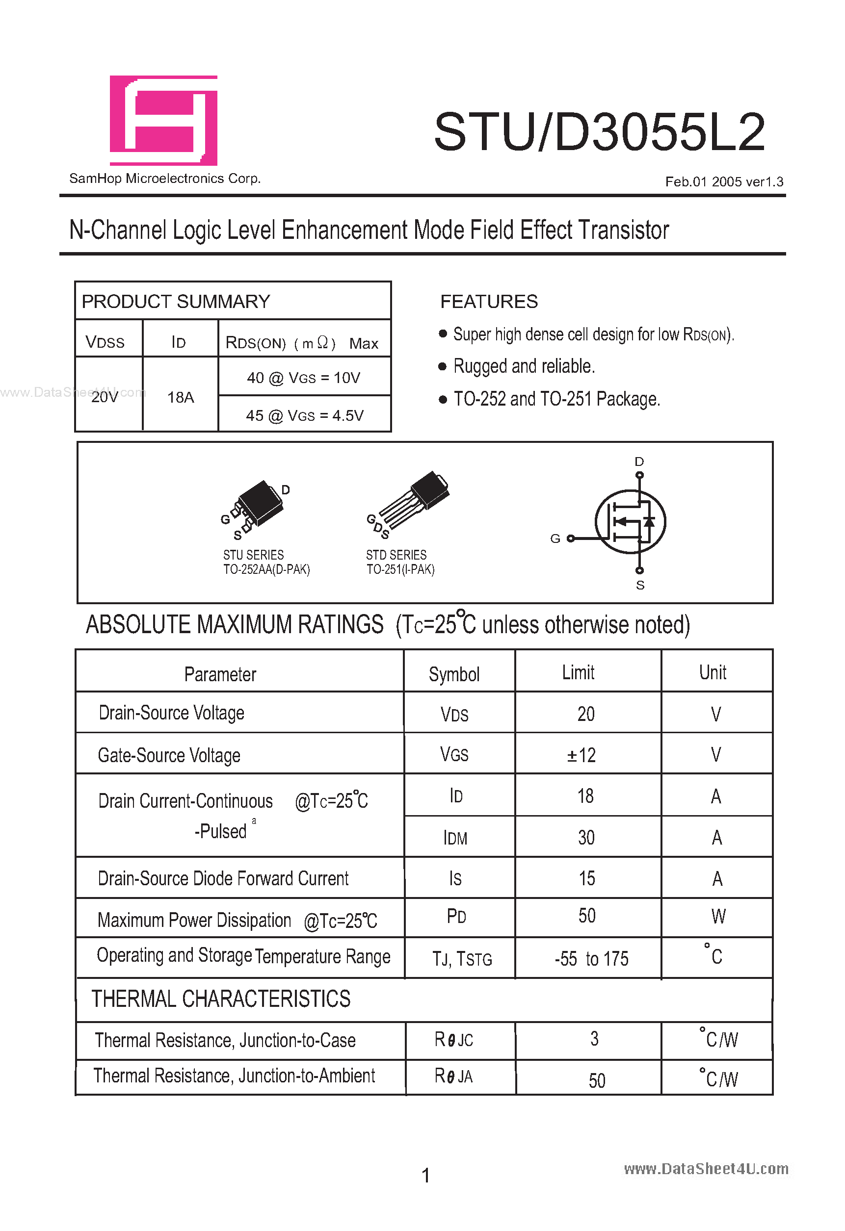 Datasheet STU3055L2 - N-Channel Logic Level Enhancement Mode Field Effect Transistor page 1