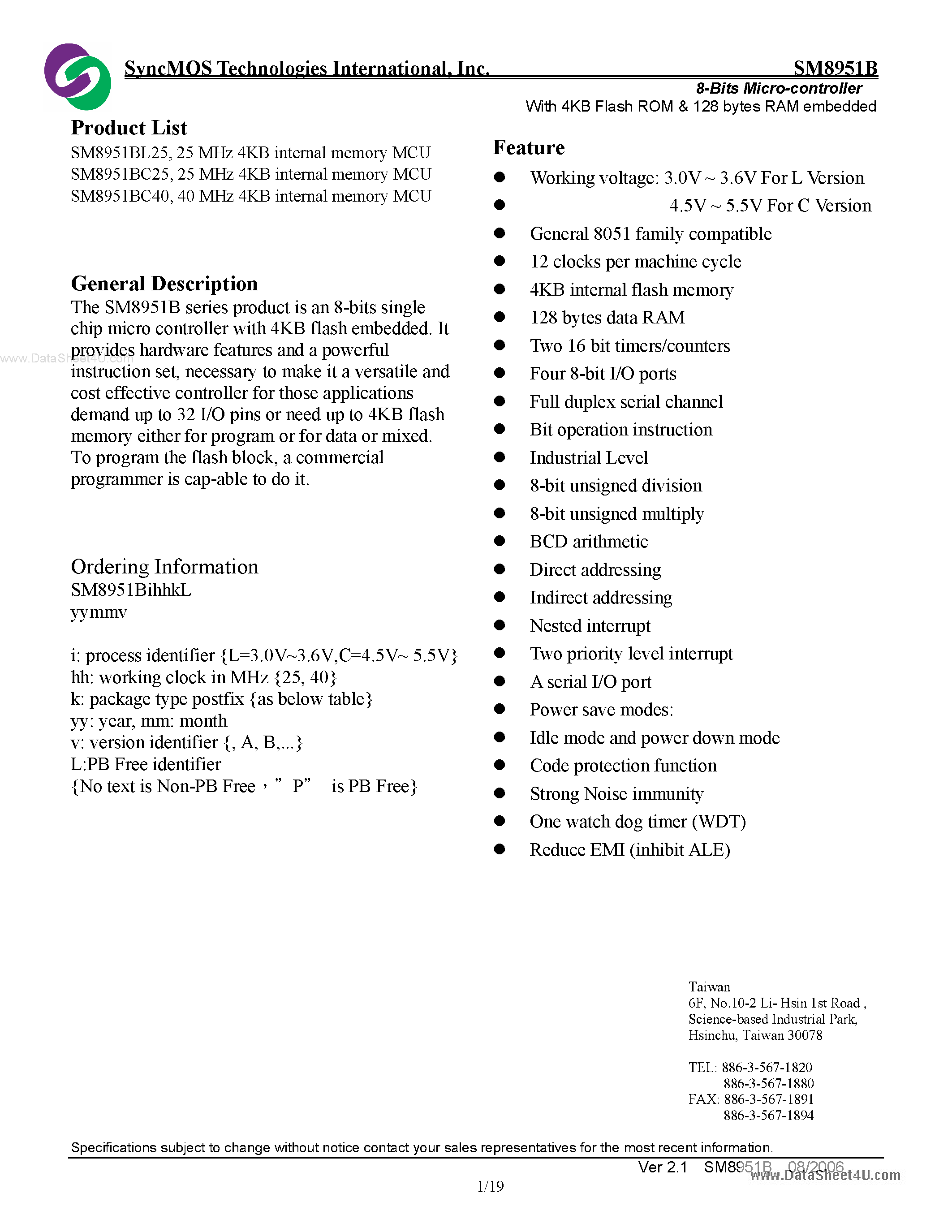 Datasheet SM8951B - 8-Bits Micro Controller page 1