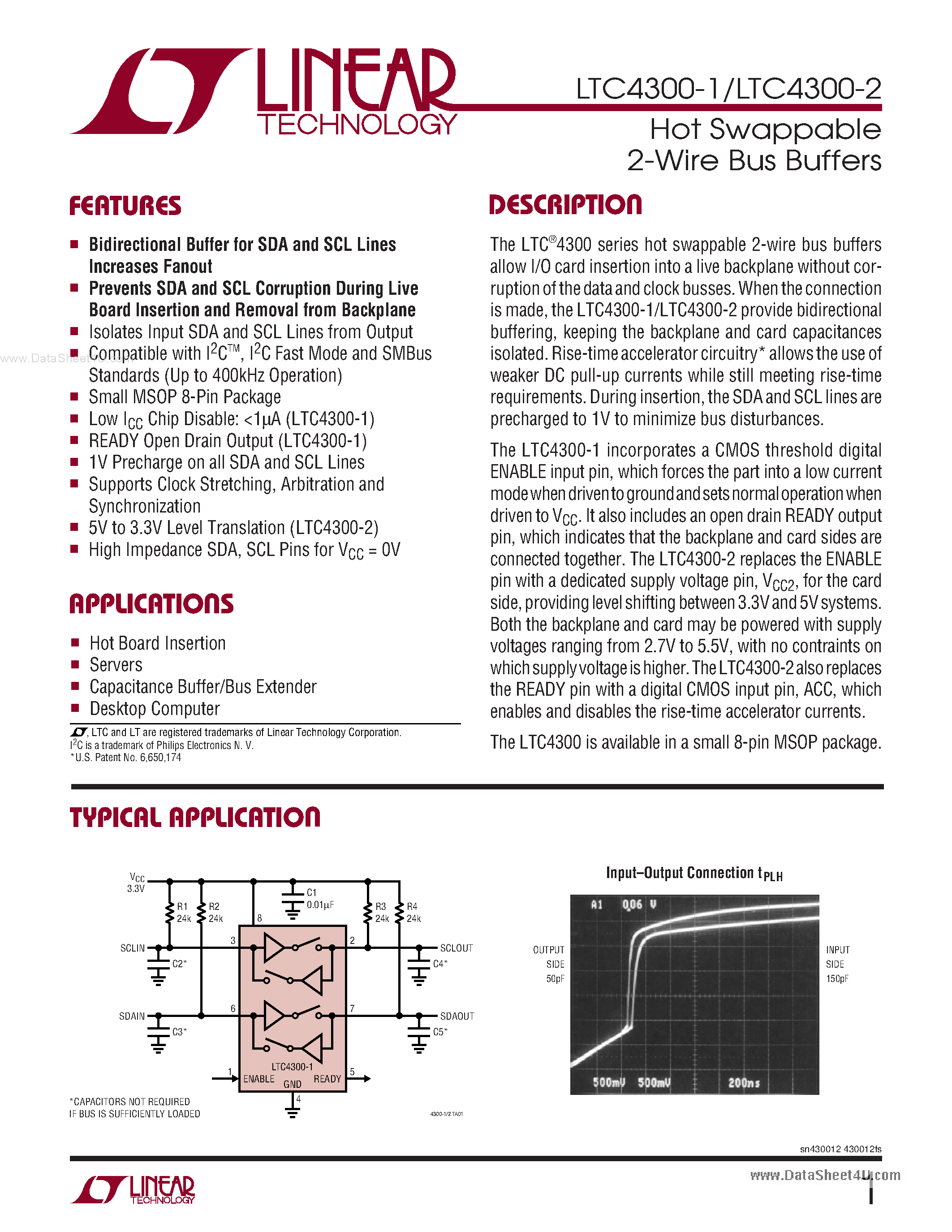 Даташит LTC4300-1 - (LTC4300-1/-2) Hot Swappable 2-Wire Bus Buffers страница 1