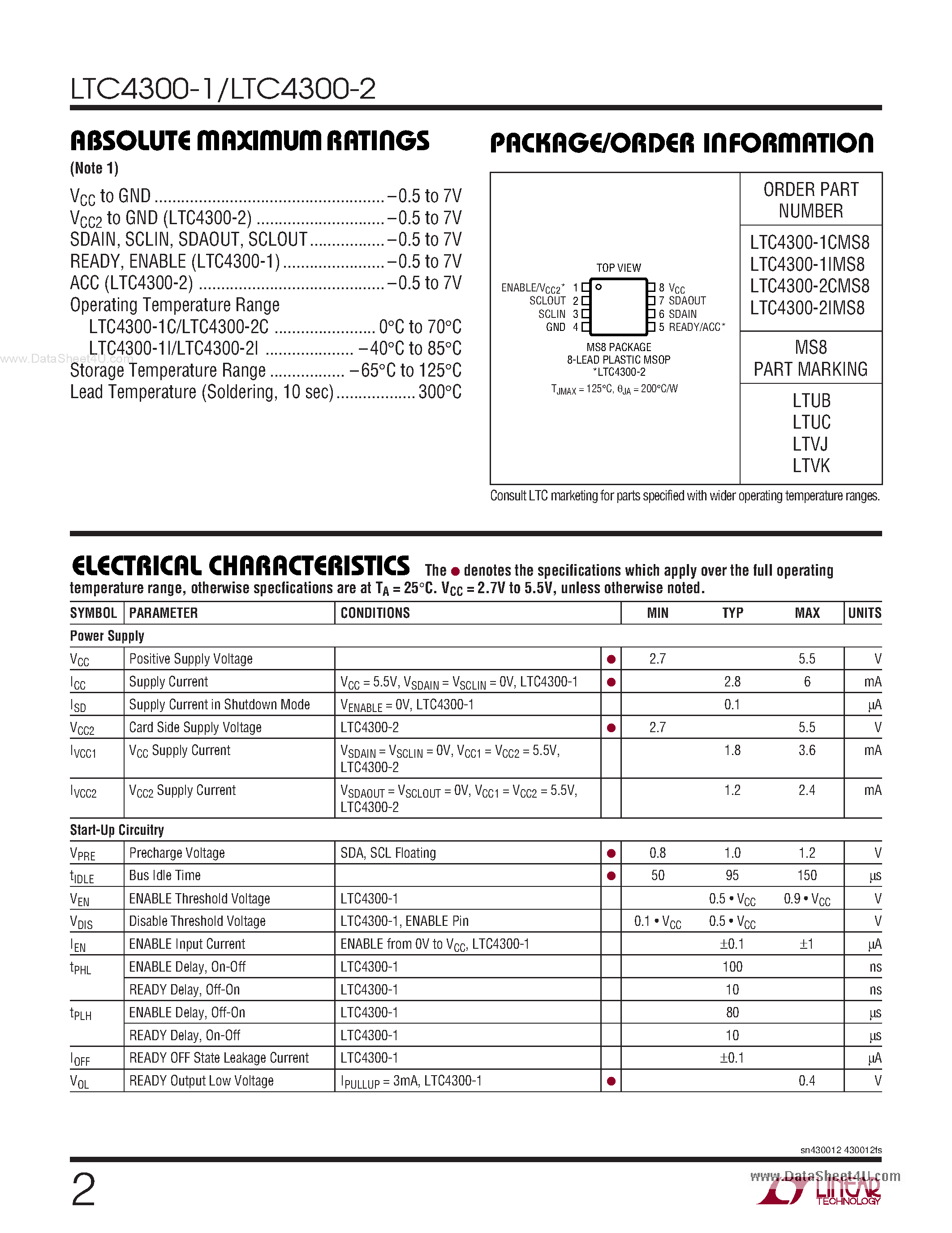 Даташит LTC4300-1 - (LTC4300-1/-2) Hot Swappable 2-Wire Bus Buffers страница 2