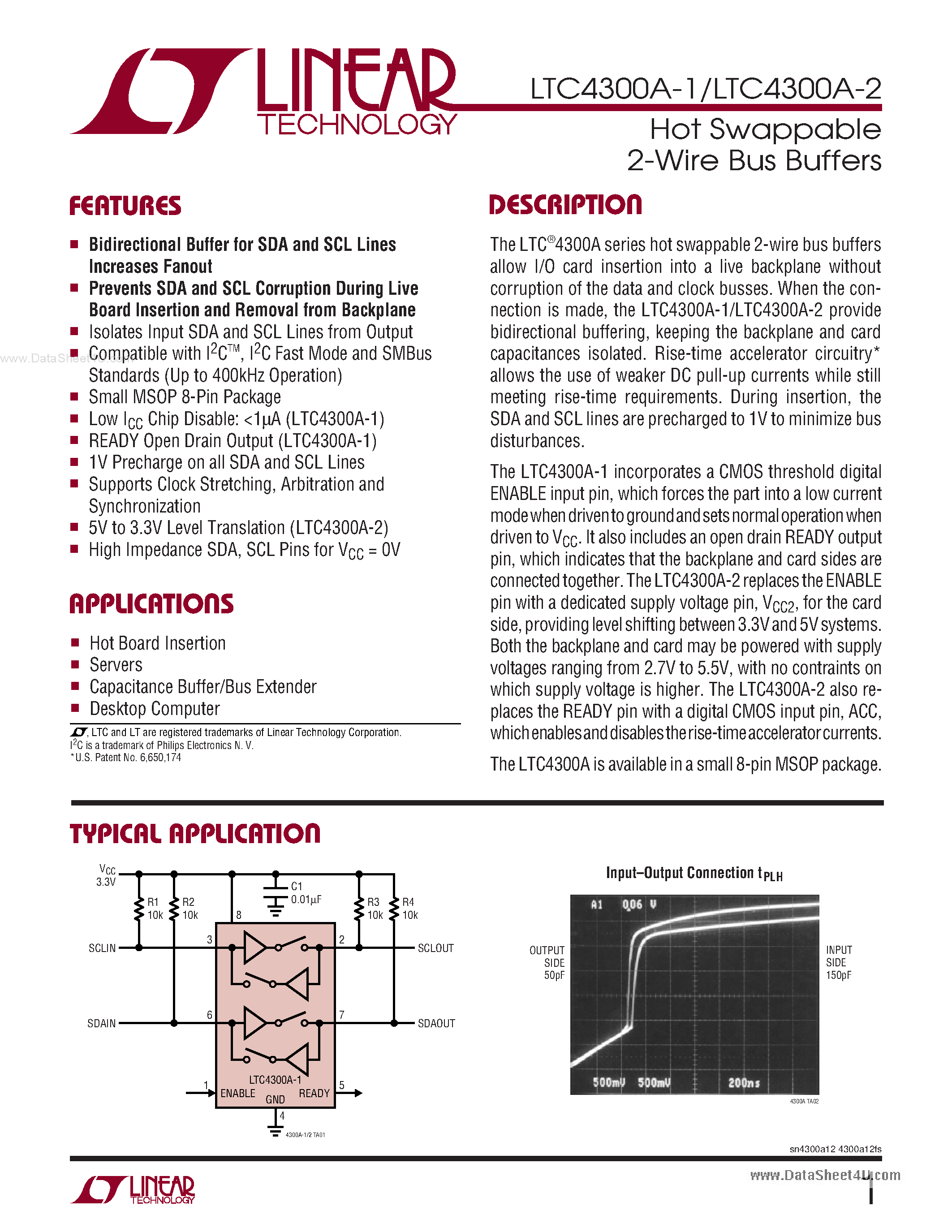 Даташит LTC4300A-1 - (LTC4300A-1/-2) Hot Swappable 2-Wire Bus Buffers страница 1