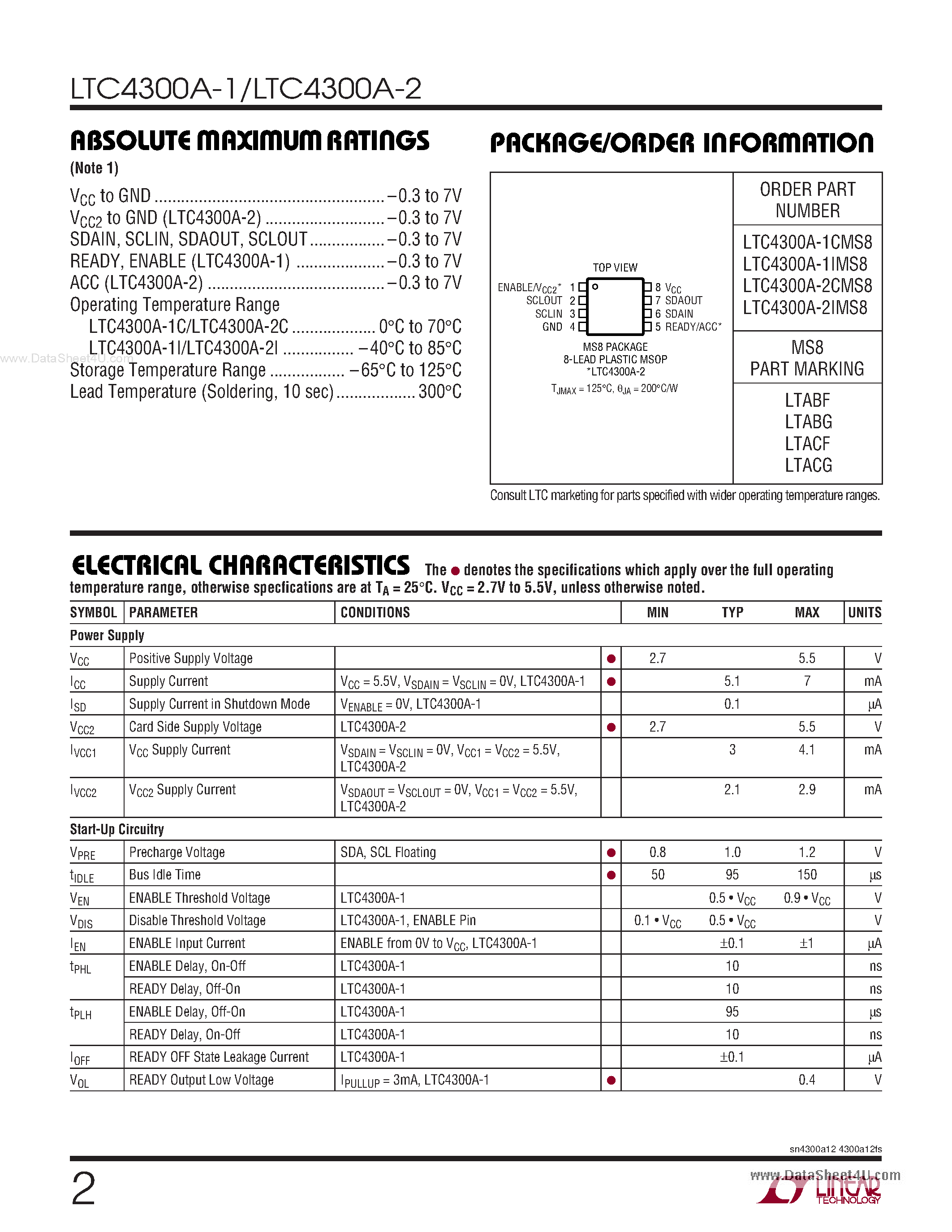 Даташит LTC4300A-1 - (LTC4300A-1/-2) Hot Swappable 2-Wire Bus Buffers страница 2