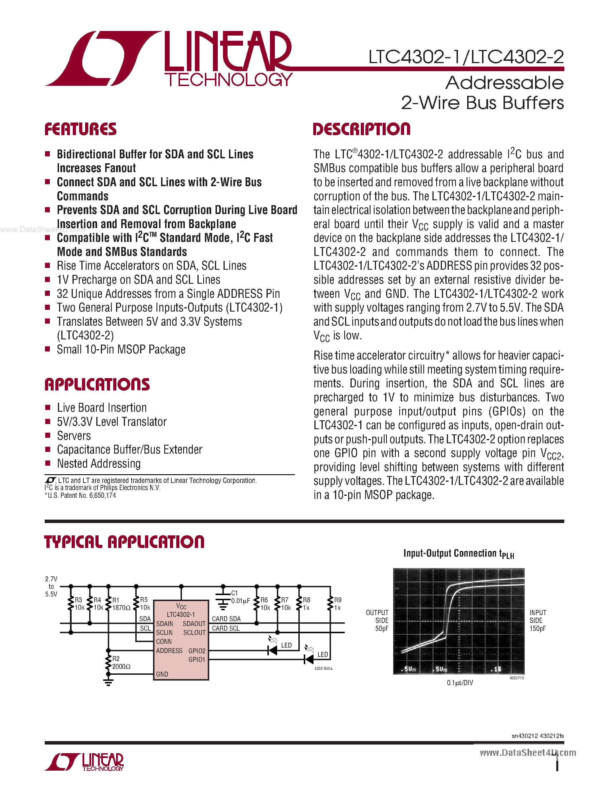 Даташит LTC4302-1 - (LTC4302-1/-2) Addressable 2-Wire Bus Buffers страница 1