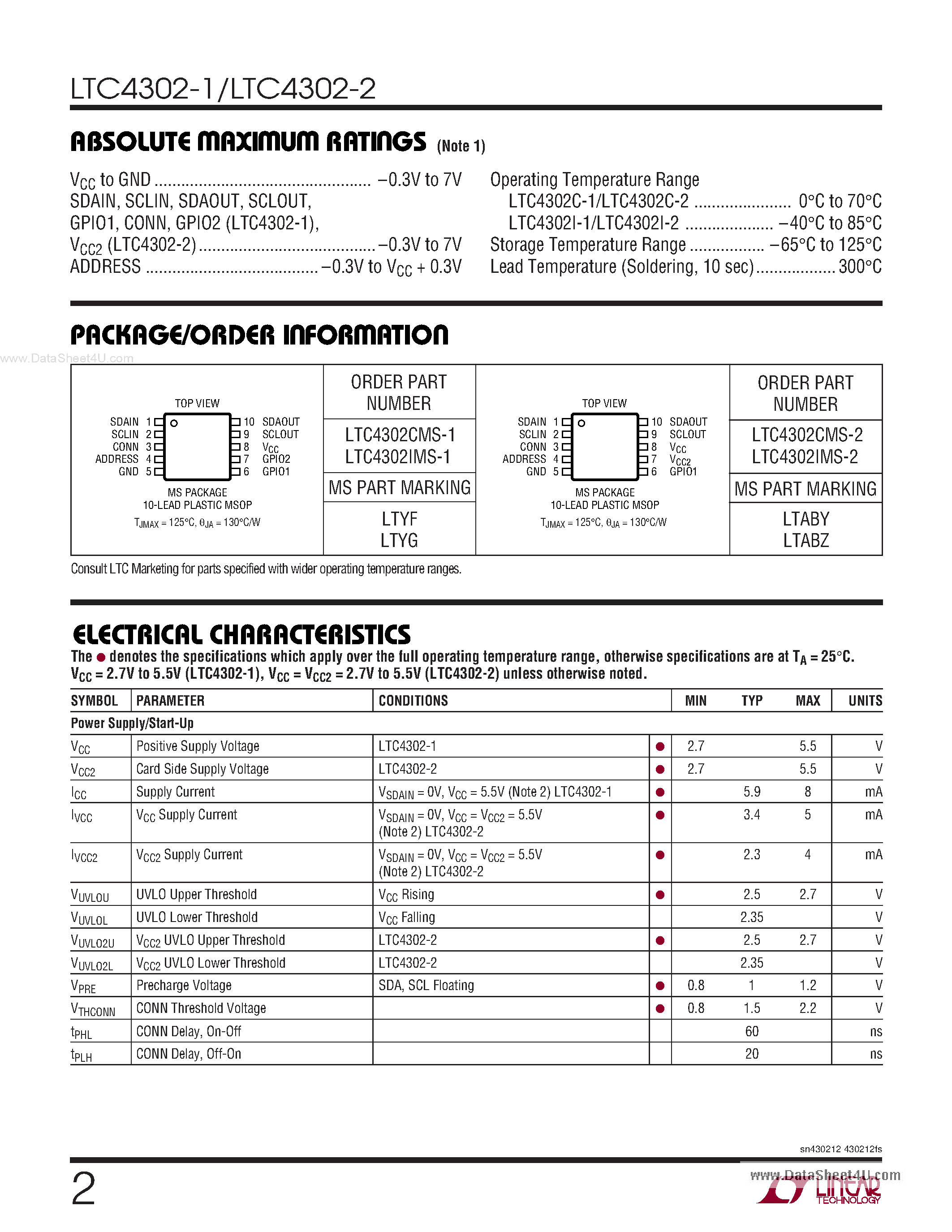 Даташит LTC4302-1 - (LTC4302-1/-2) Addressable 2-Wire Bus Buffers страница 2