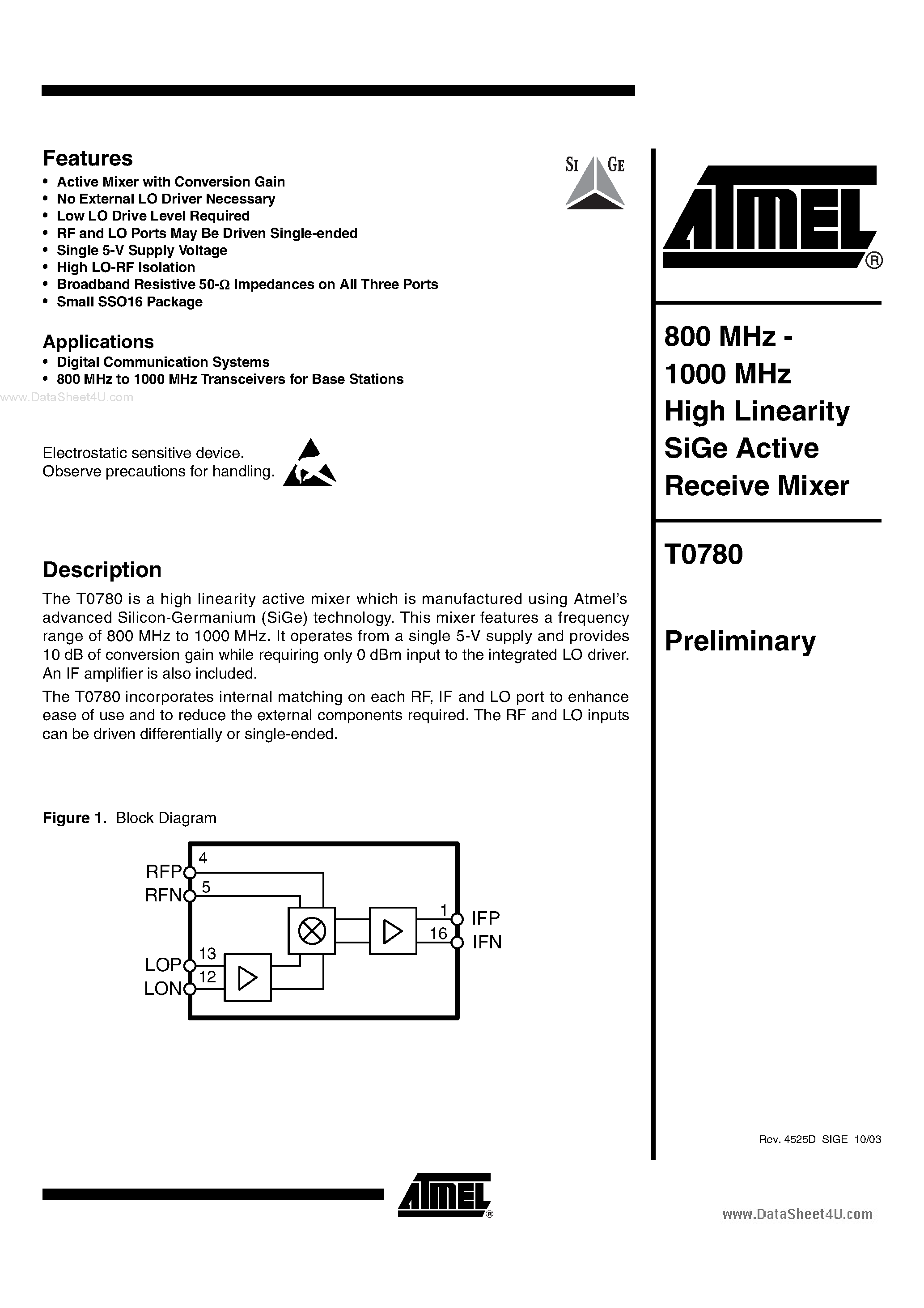 Даташит T0780 - 800 MHz - 1000 MHz High Linearity SiGe Active Receive Mixer страница 1