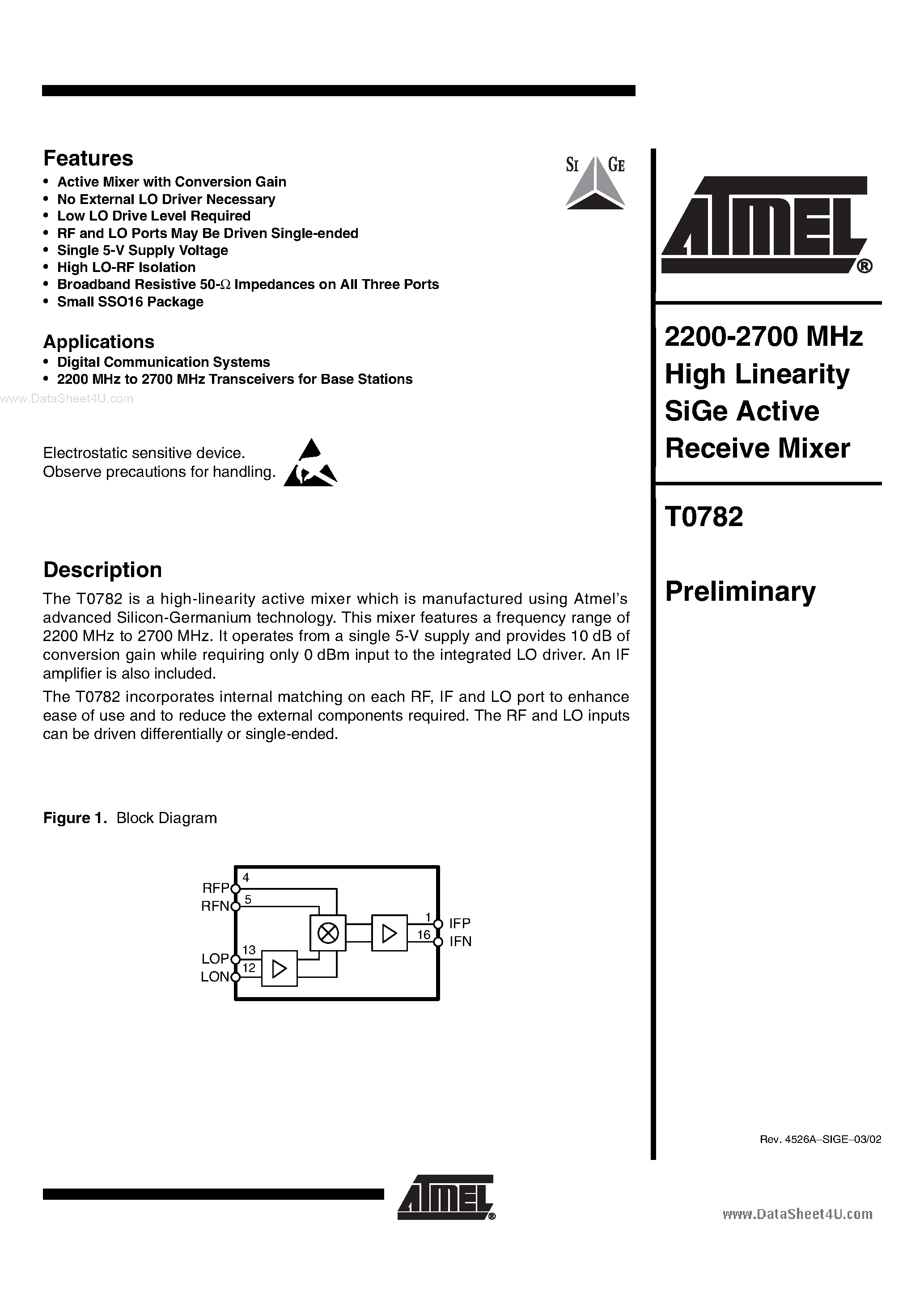 Даташит T0782 - 2200-2700 MHz High Linearity SiGe Active Receive Mixer страница 1