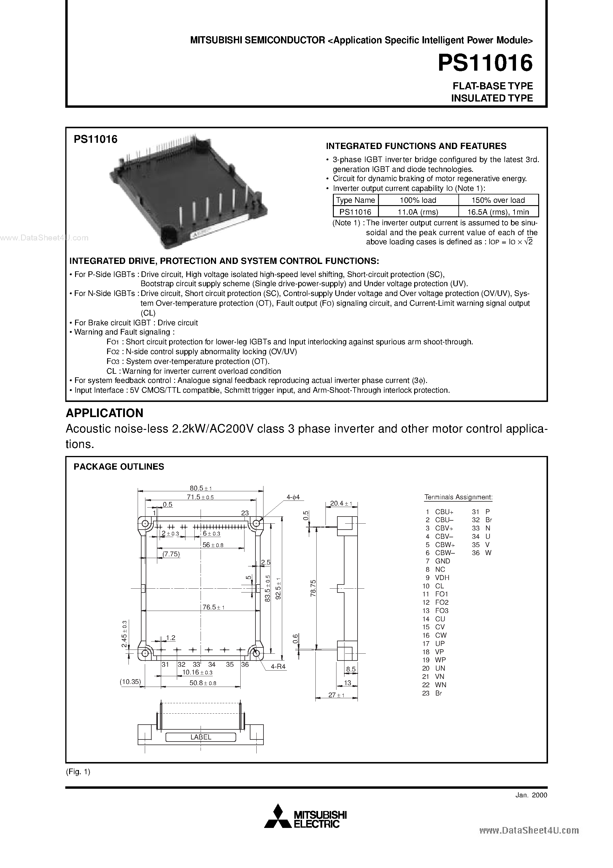 Даташит PS11016 - Acoustic noise-less 2.2kW/AC200V class 3 phase inverter and other motor control applications страница 1