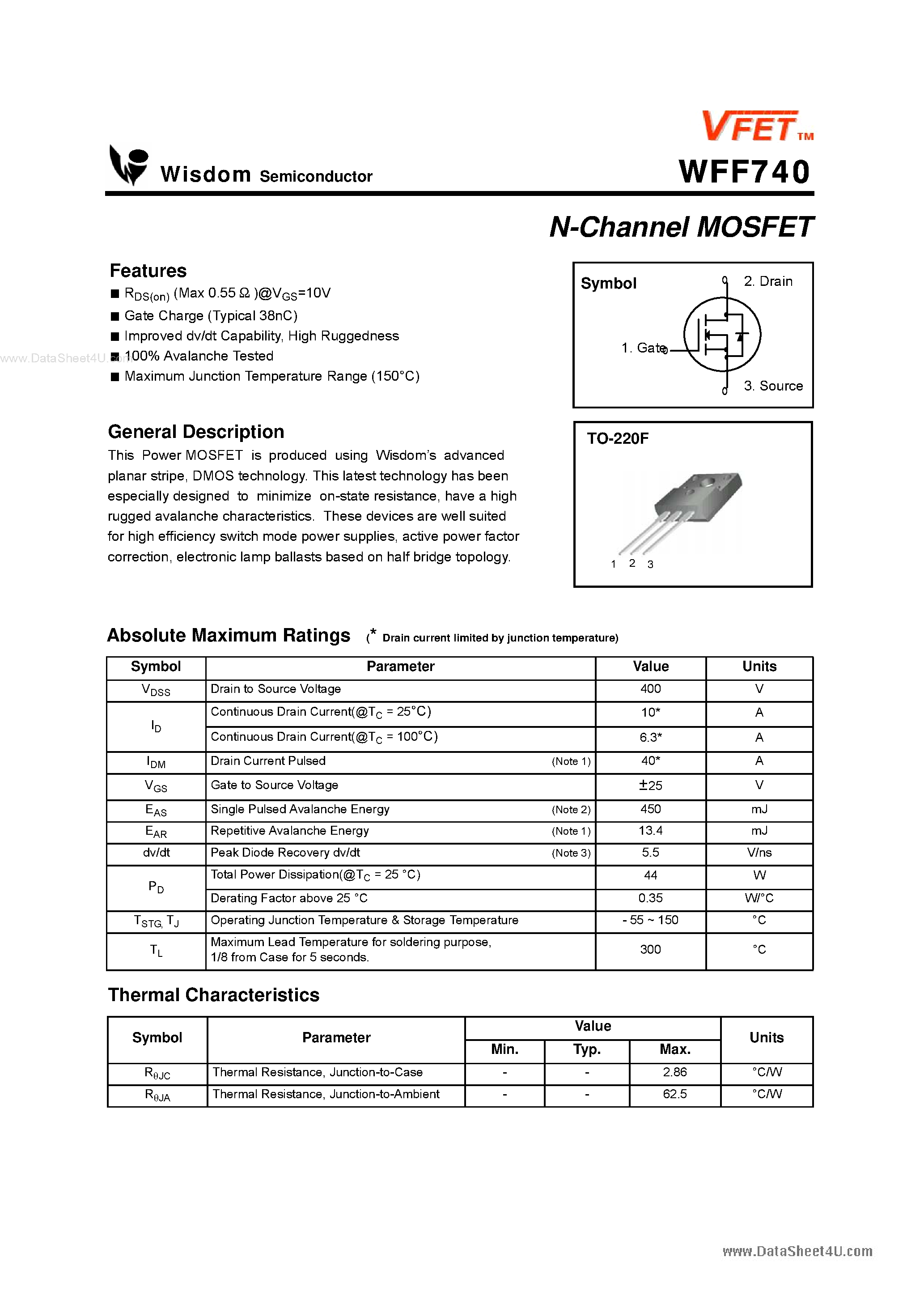 Даташит WFF740 - N-Channel MOSFET страница 1