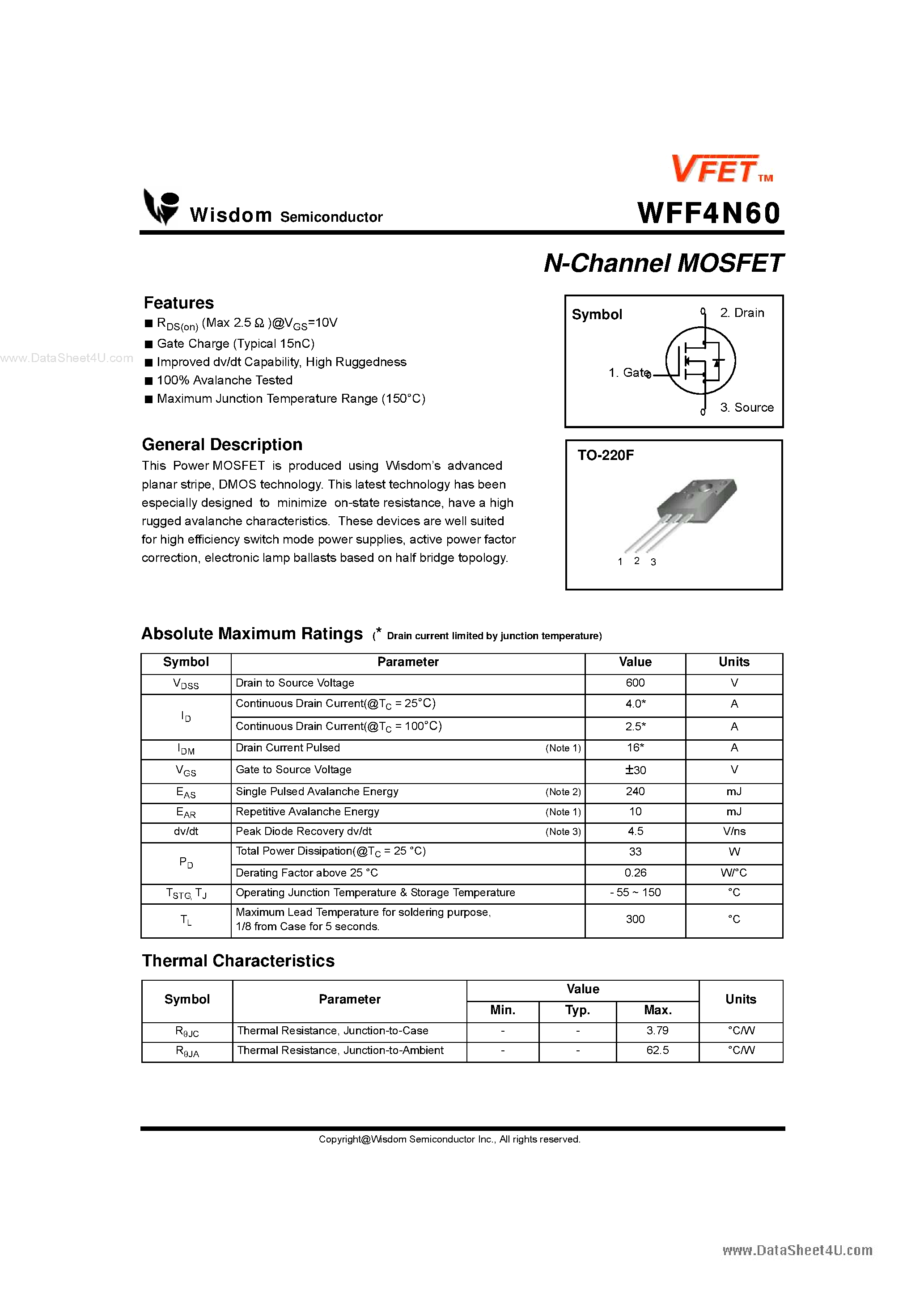 Даташит WFF4N60 - N-Channel MOSFET страница 1