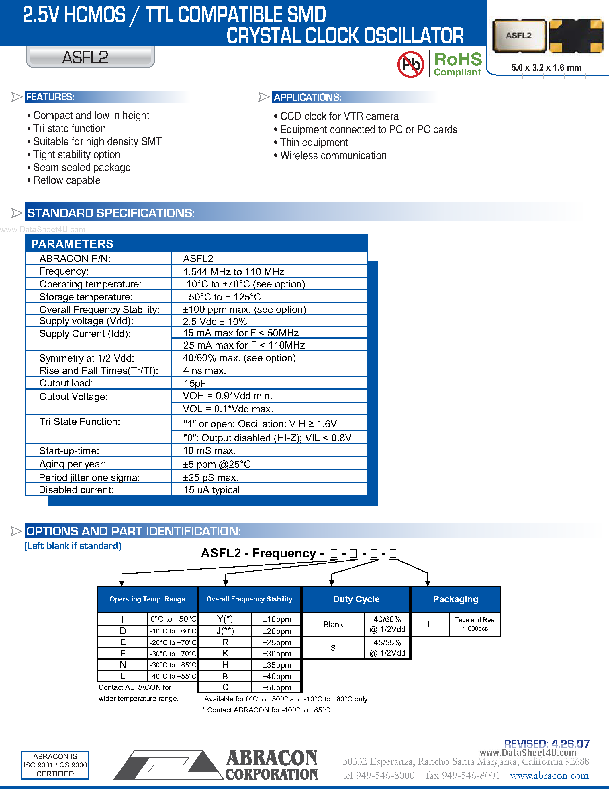 Даташит ASFL2 - 2.5V HCMOS / TTL COMPATIBLE SMD CRYSTAL CLOCK OSCILLATOR страница 1