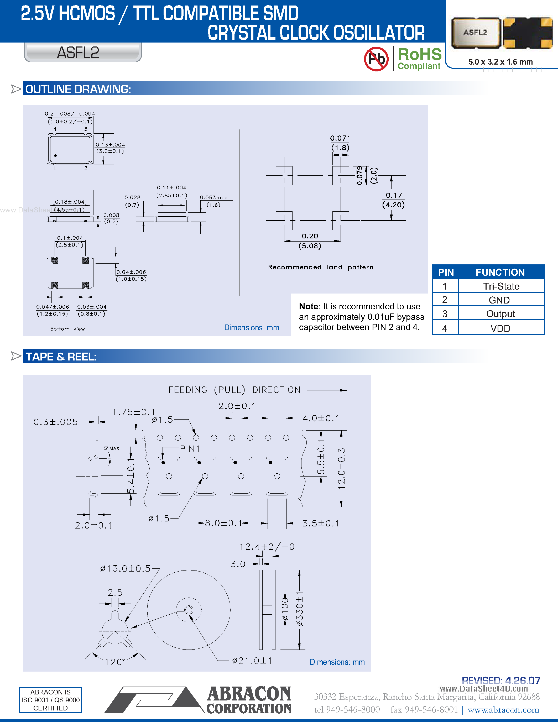 Даташит ASFL2 - 2.5V HCMOS / TTL COMPATIBLE SMD CRYSTAL CLOCK OSCILLATOR страница 2