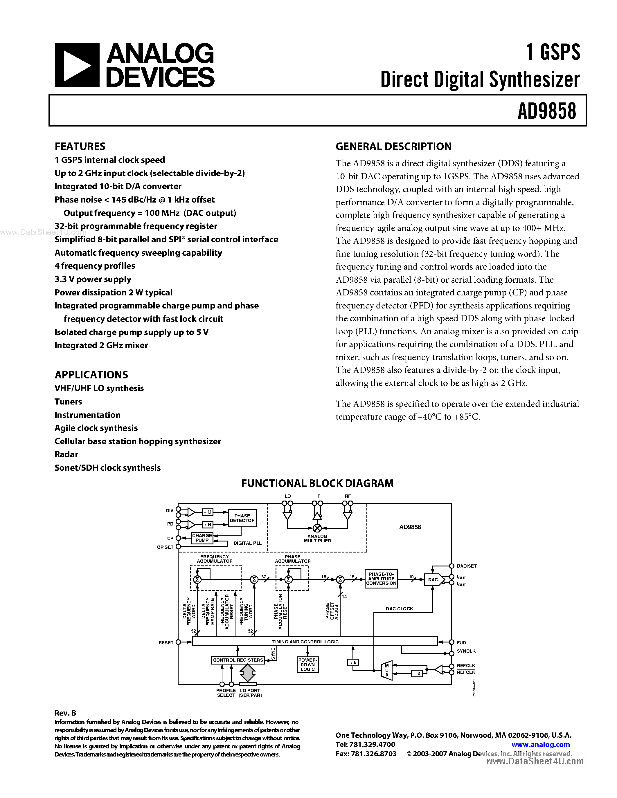 Datasheet AD9858 - 1 GSPS Direct Digital Synthesizer page 1