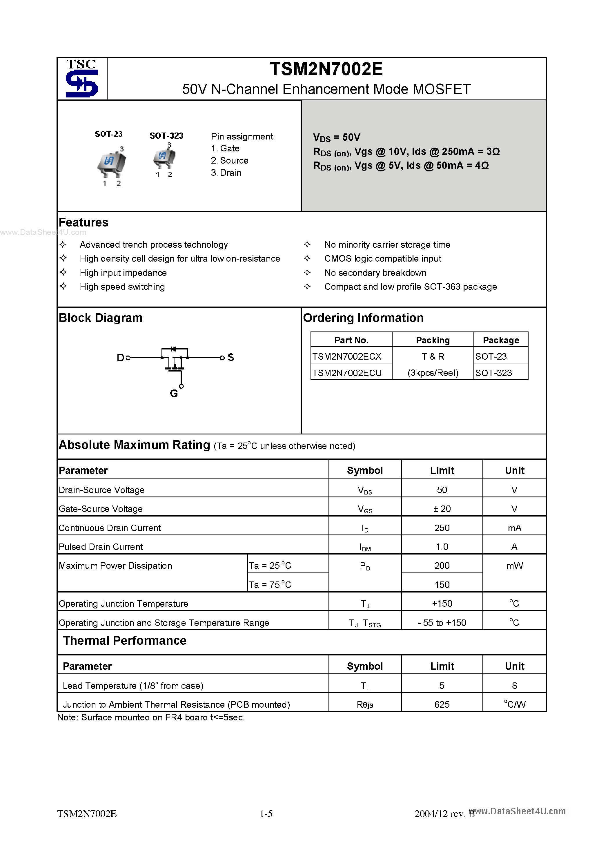 Даташит TSM2N7002E - 50V N-Channel Enhancement Mode MOSFET страница 1