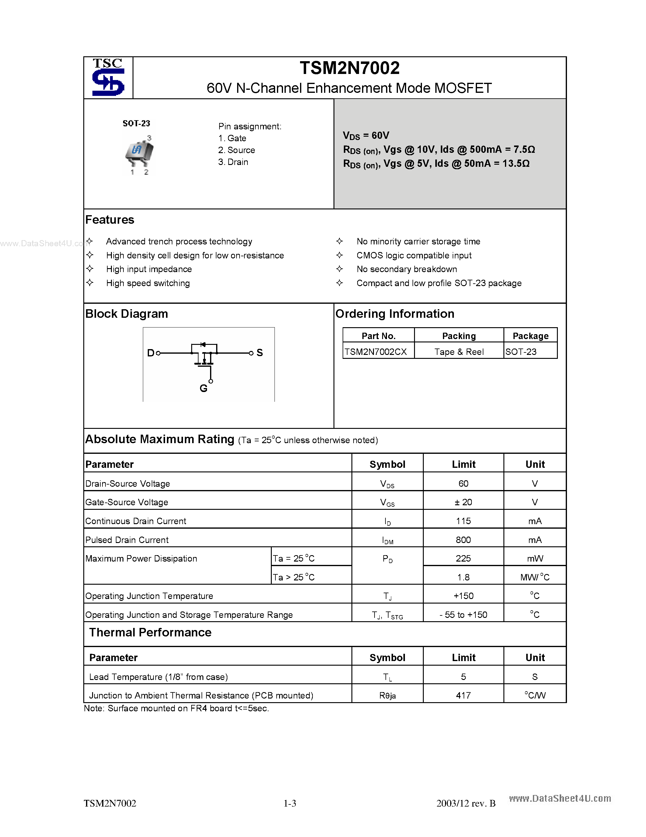 Даташит TSM2N7002 - 60V N-Channel Enhancement Mode MOSFET страница 1