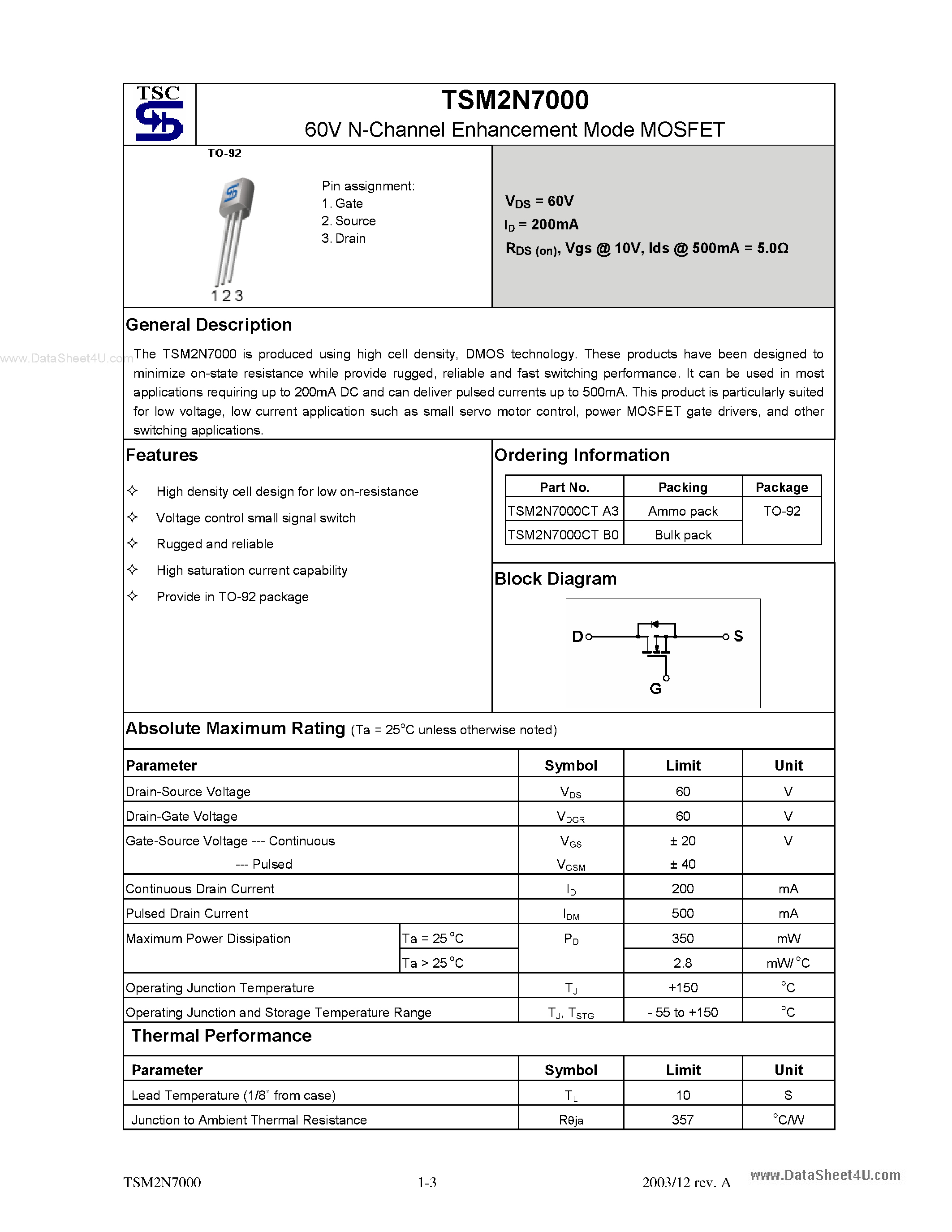 Даташит TSM2N7000 - 60V N-Channel Enhancement Mode MOSFET страница 1